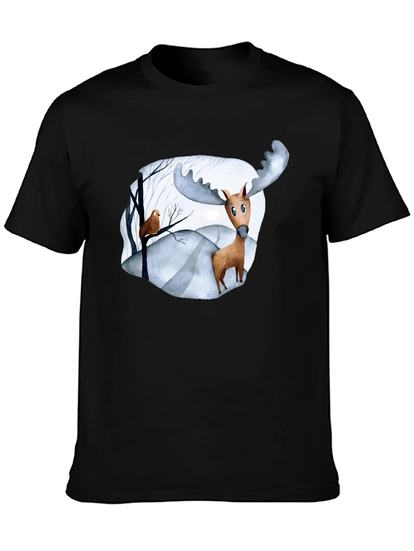 Camiseta Negra con Estampado de Alce Divertido