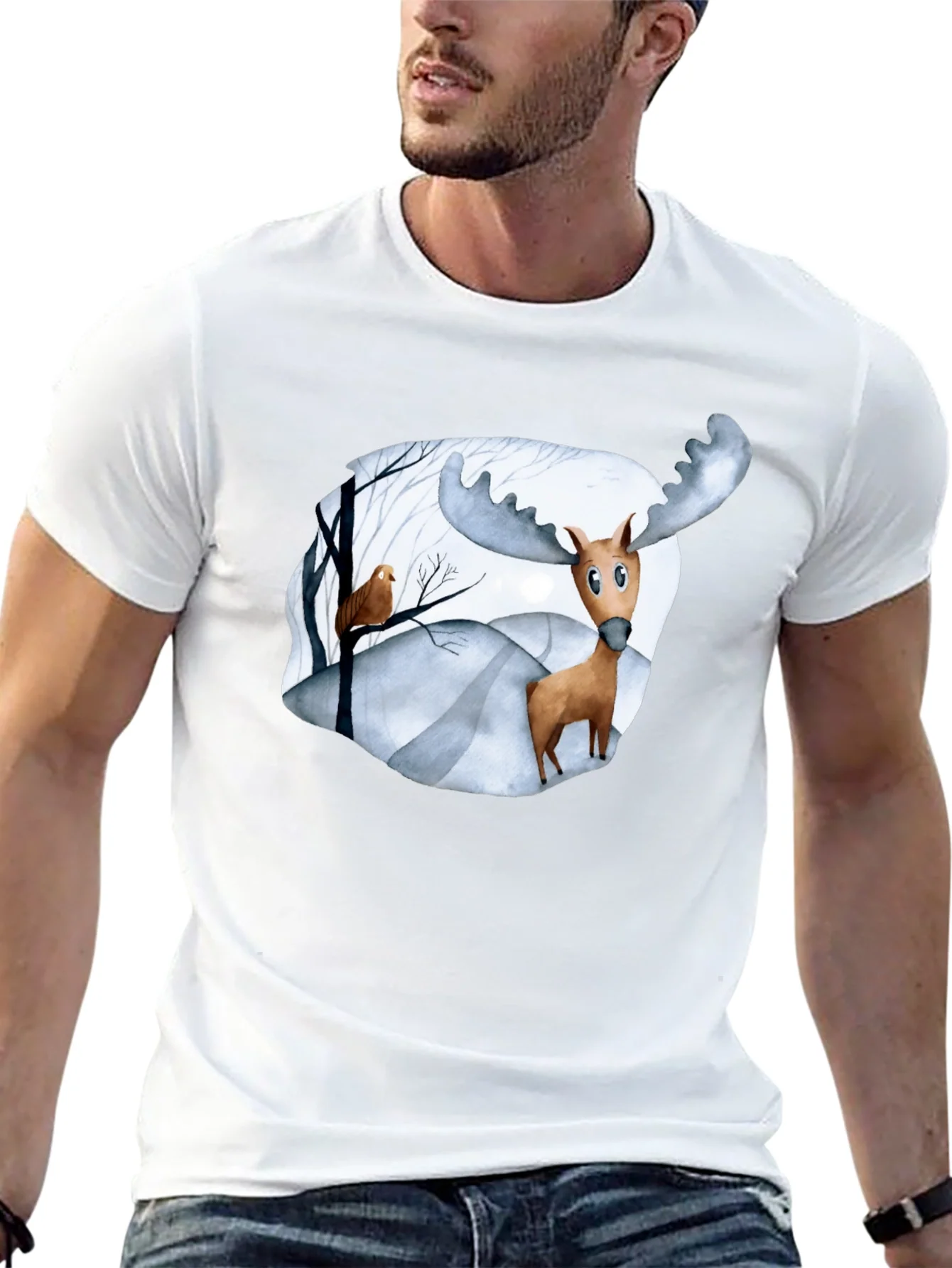 Camiseta Negra con Estampado de Alce Divertido