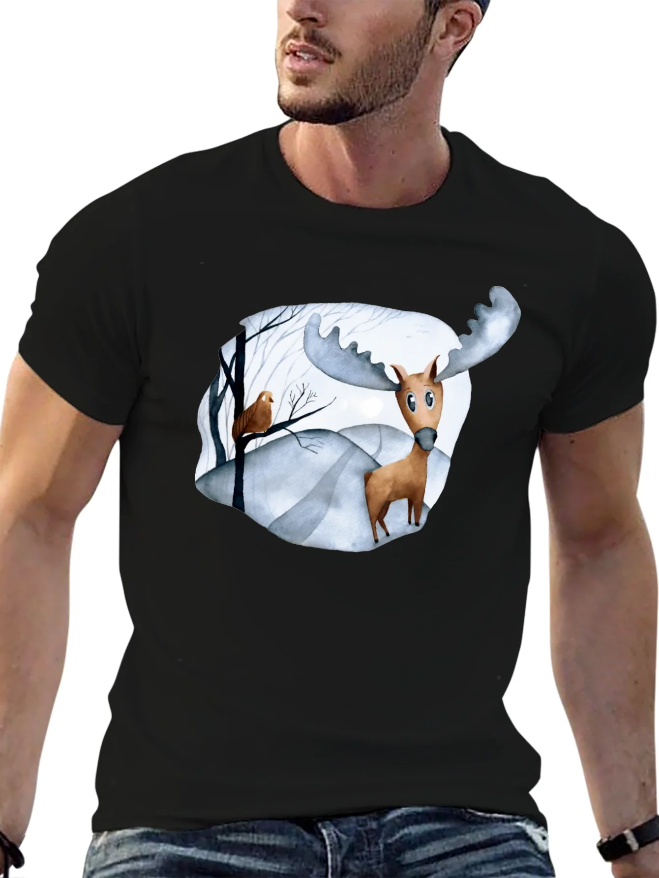 Camiseta Negra con Estampado de Alce Divertido