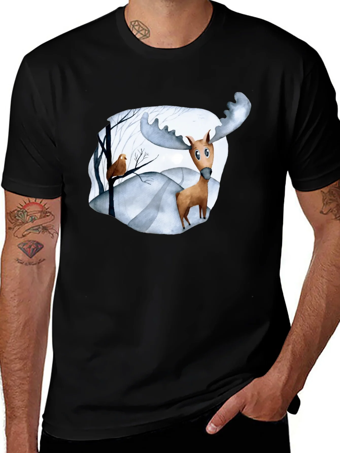 Camiseta Negra con Estampado de Alce Divertido