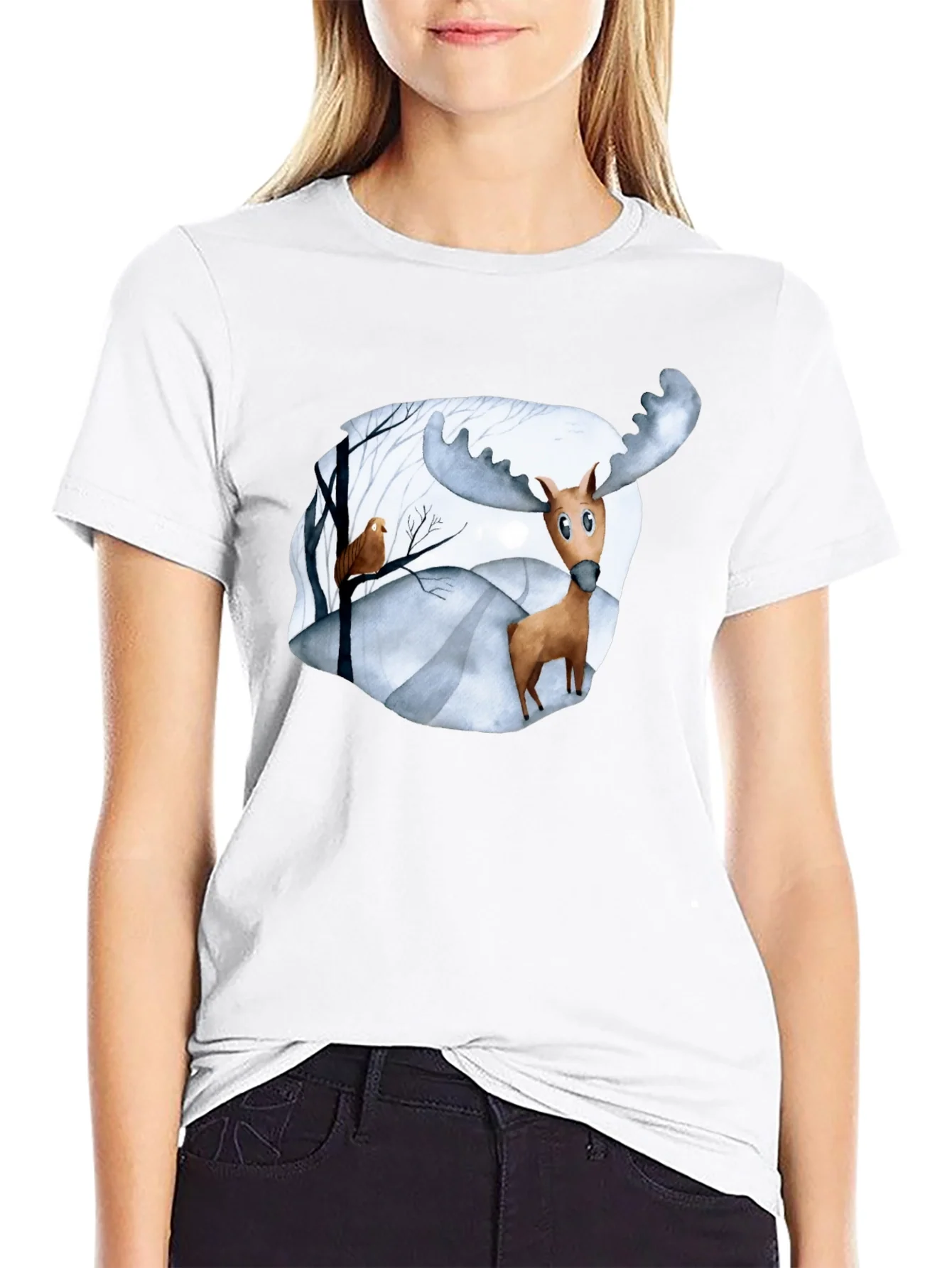 Camiseta Negra con Estampado de Alce Divertido
