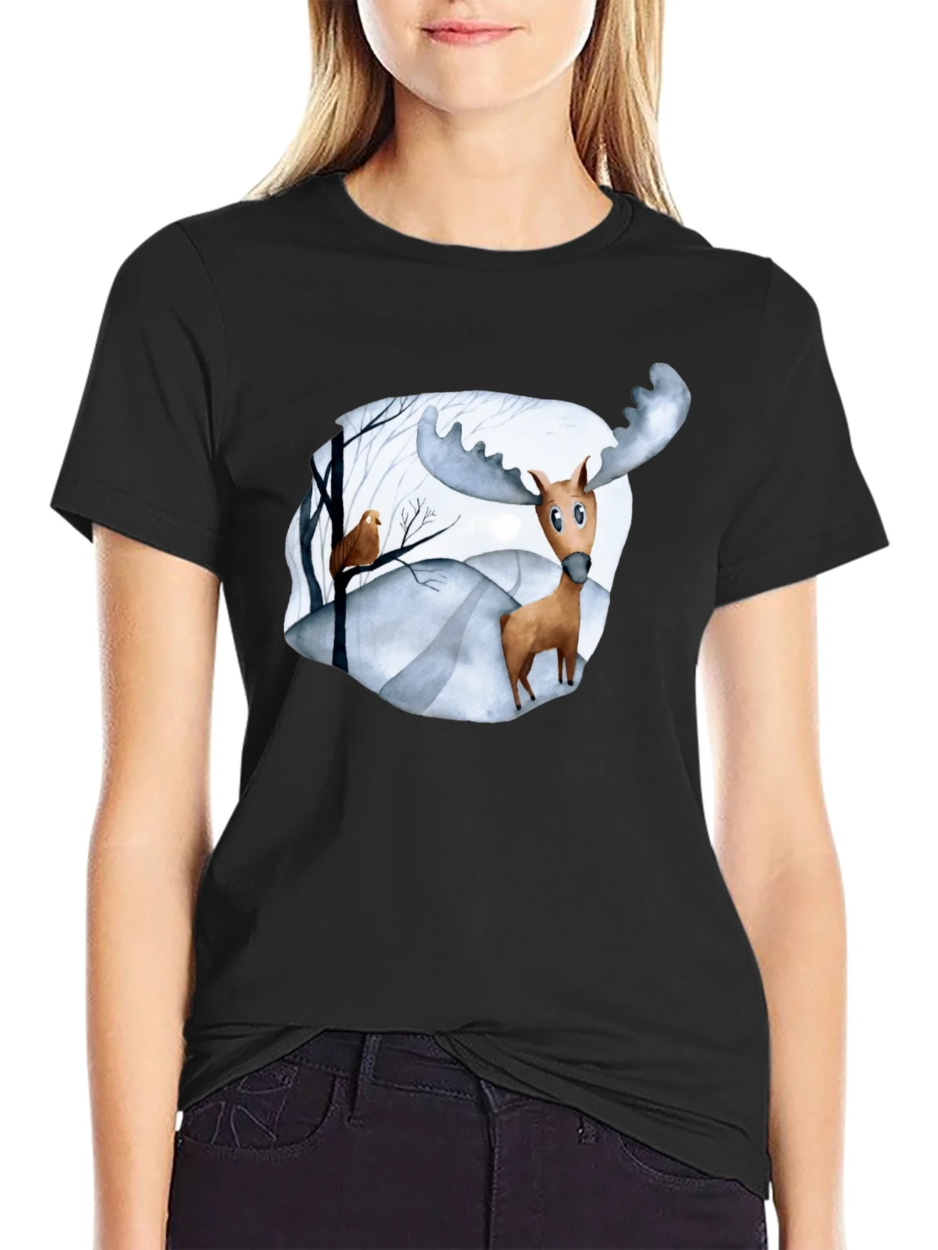 Camiseta Negra con Estampado de Alce Divertido