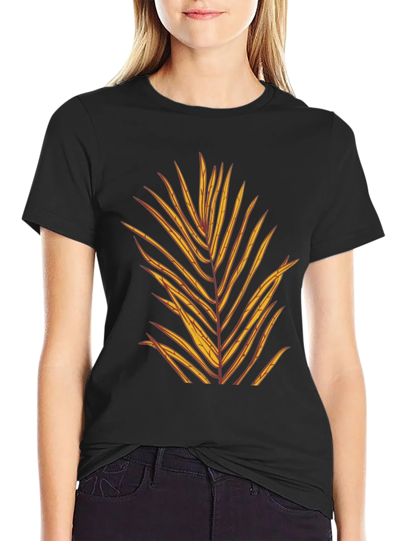 Camiseta Negra con Dise?o de Hoja Tropical