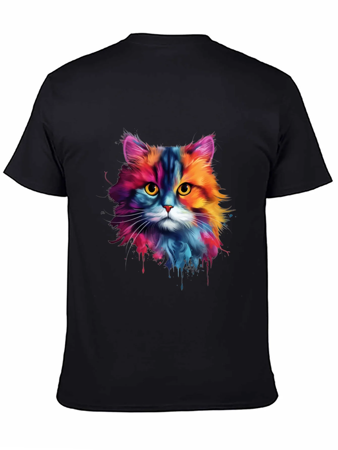 Camiseta Negra con Dise?o de Gato Acuarela