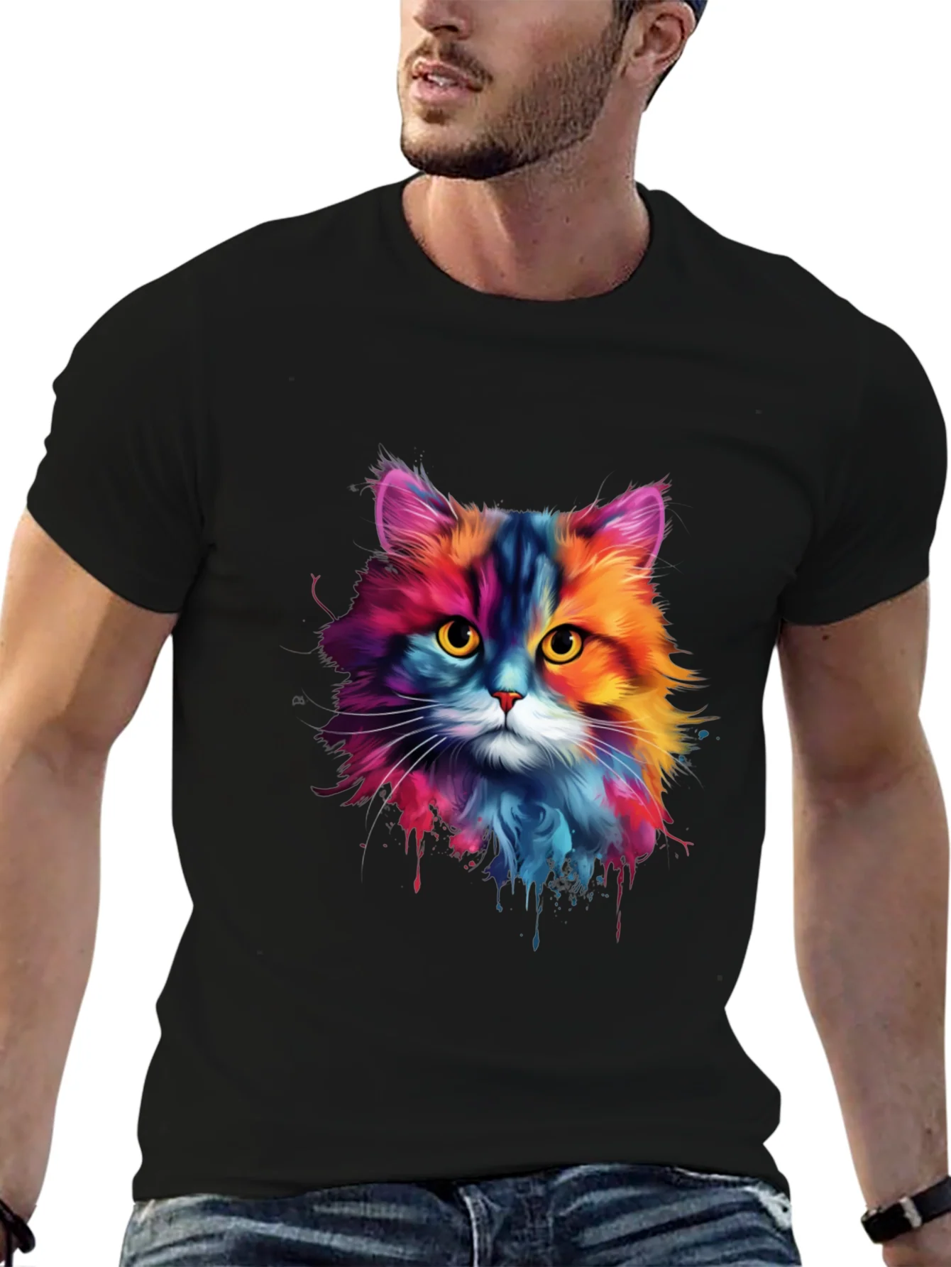 Camiseta Negra con Dise?o de Gato Acuarela