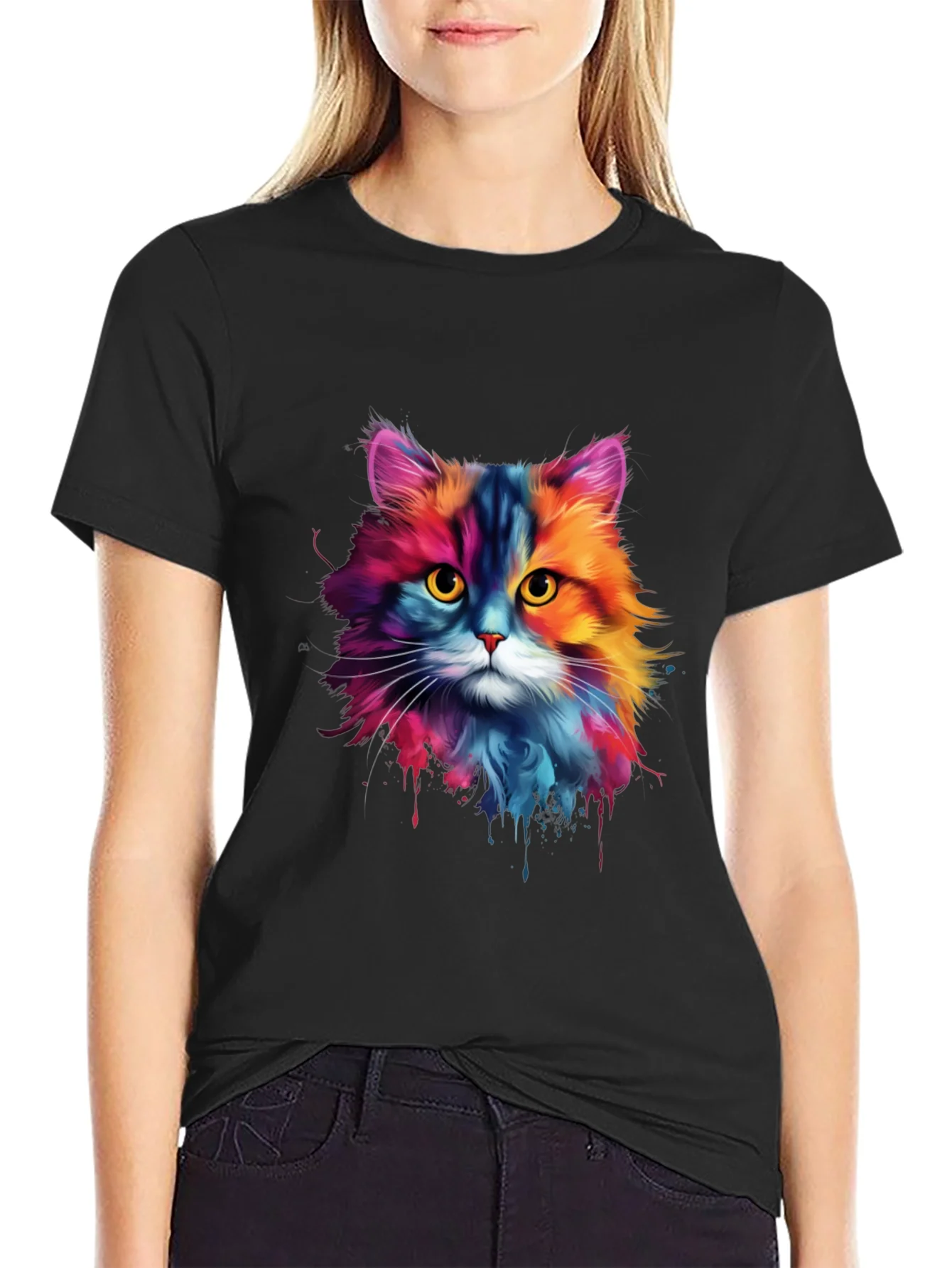 Camiseta Negra con Dise?o de Gato Acuarela