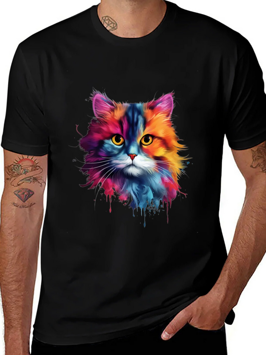 Camiseta Negra con Dise?o de Gato Acuarela