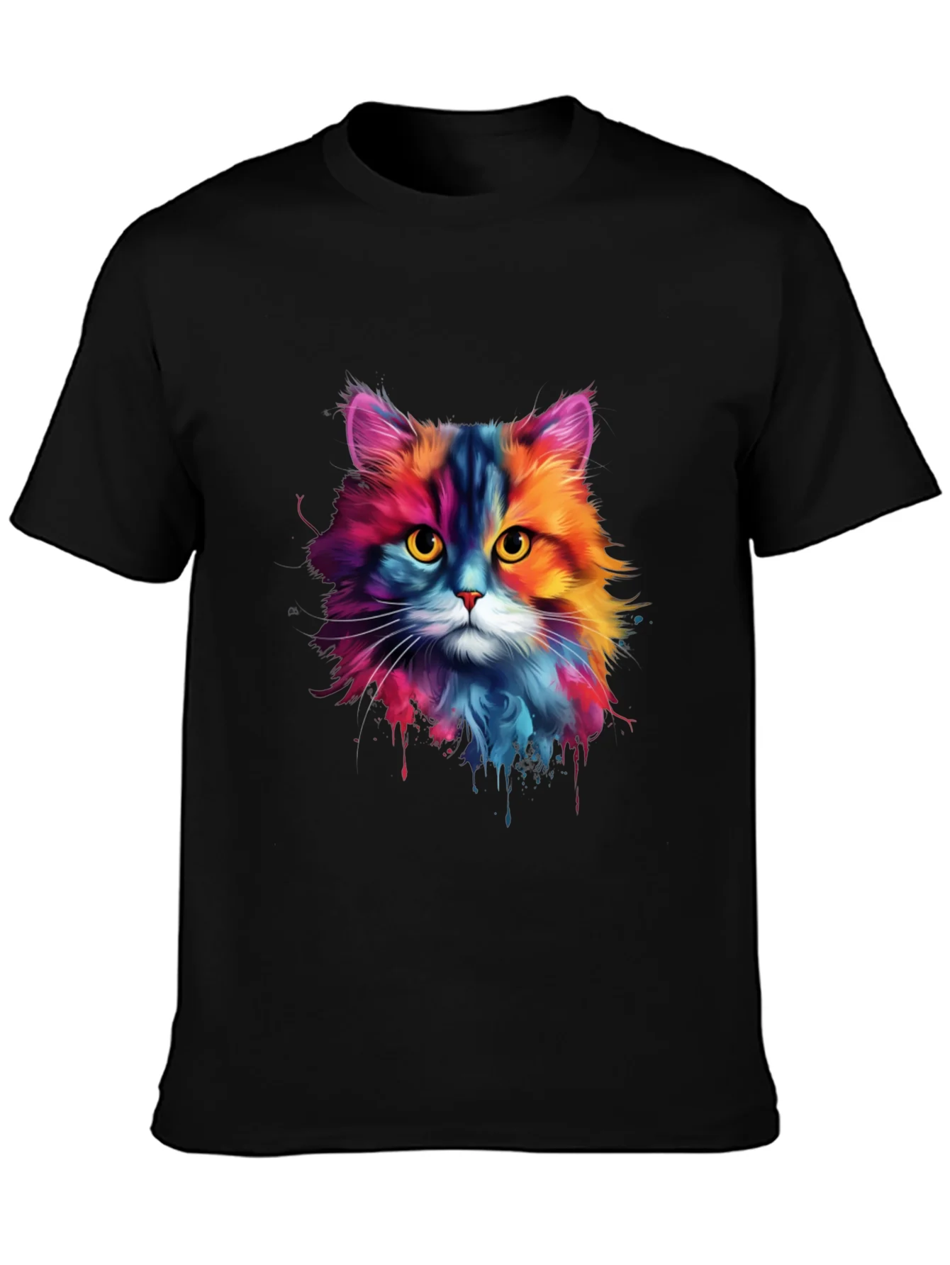 Camiseta Negra con Dise?o de Gato Acuarela