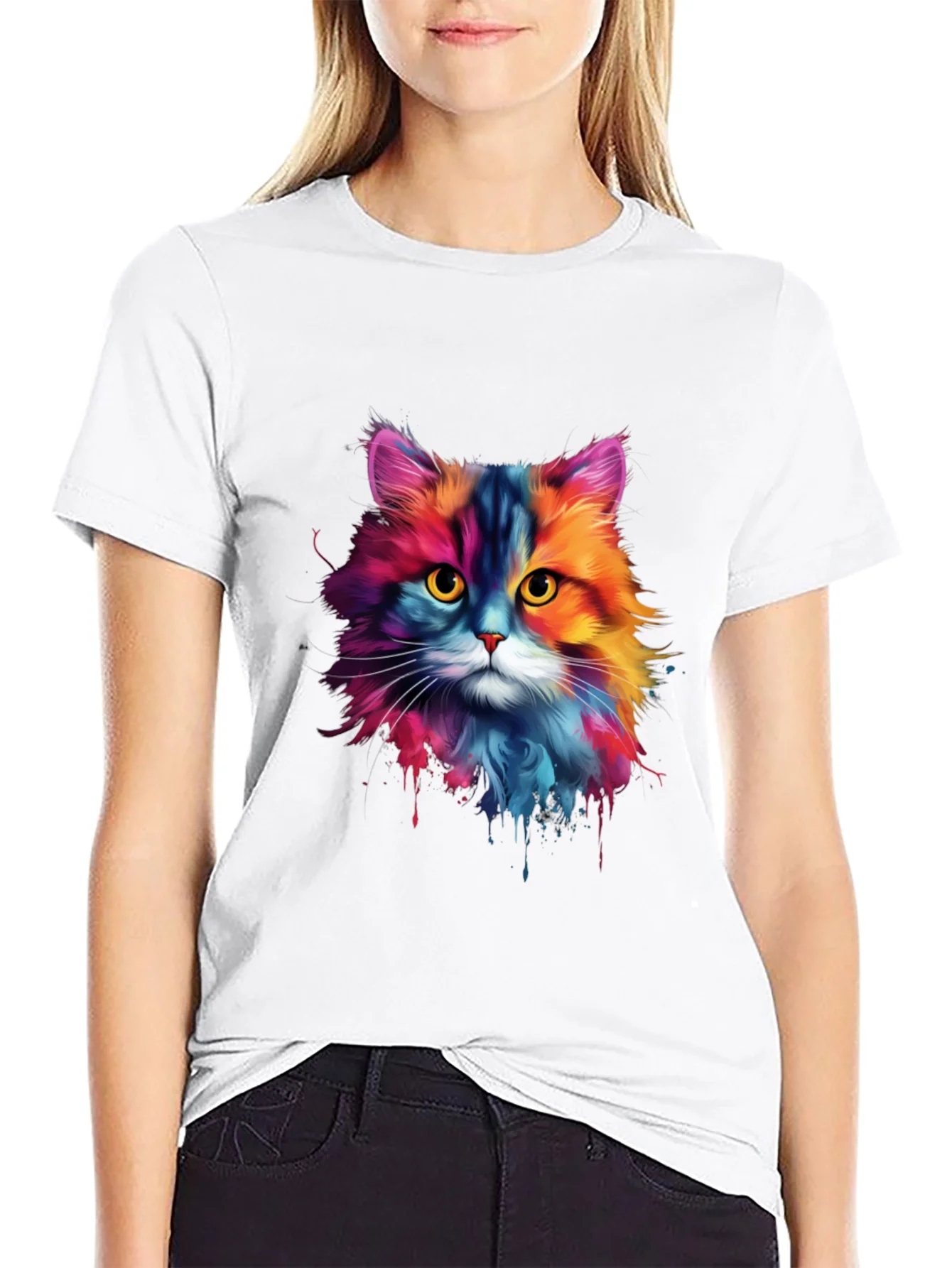 Camiseta Negra con Dise?o de Gato Acuarela