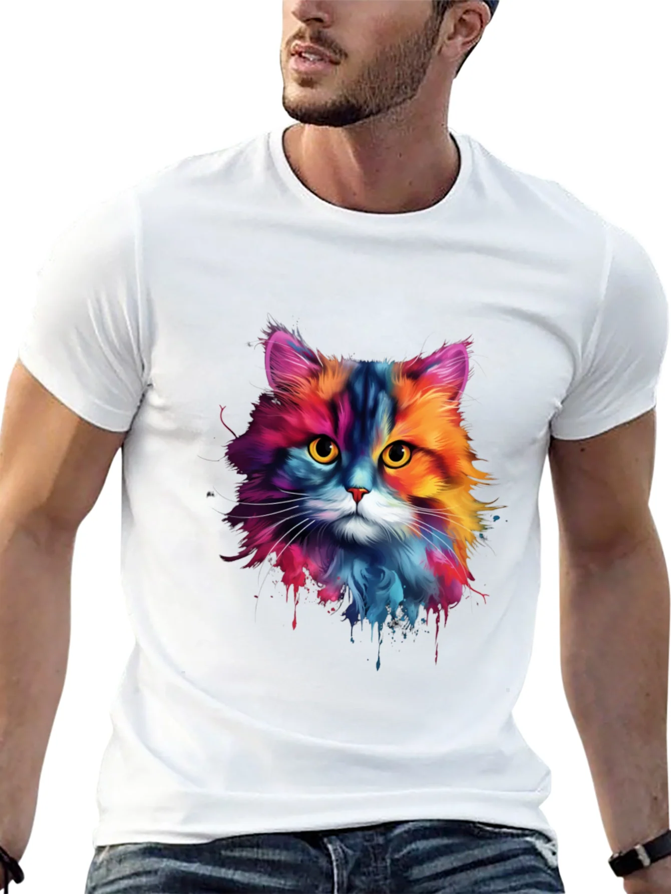 Camiseta Negra con Dise?o de Gato Acuarela