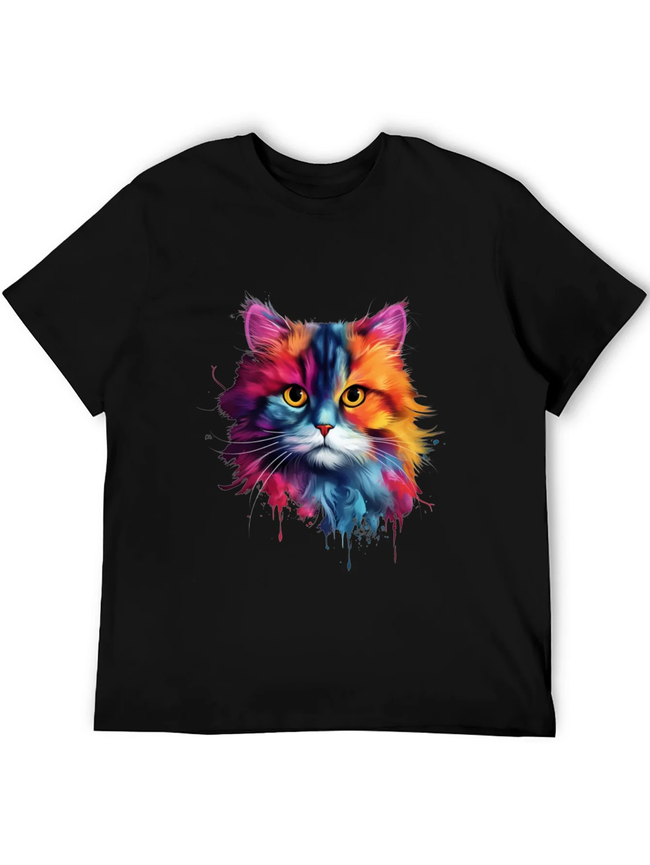 Camiseta Negra con Dise?o de Gato Acuarela