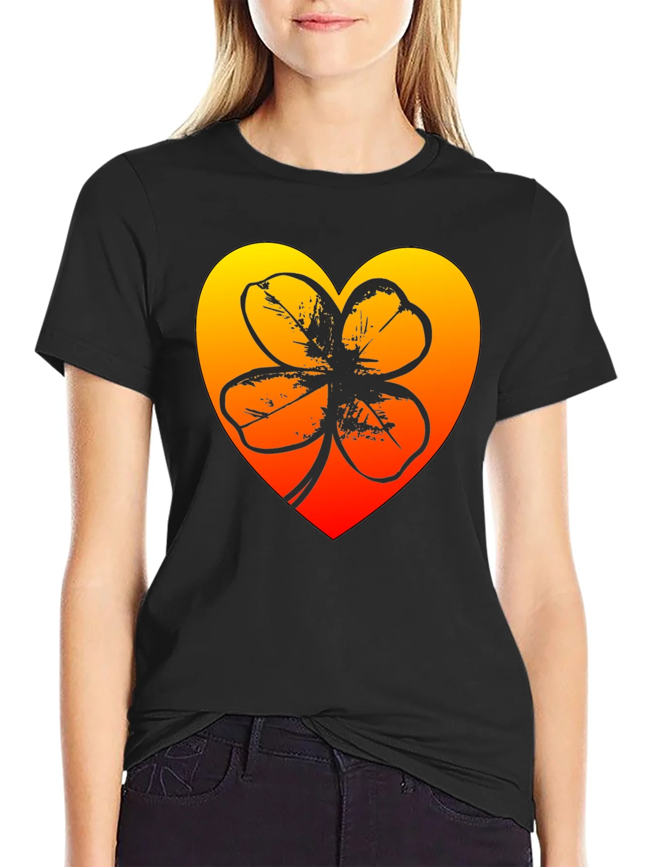 Rebbecca Lucky Heart Clover T-Shirt - Black