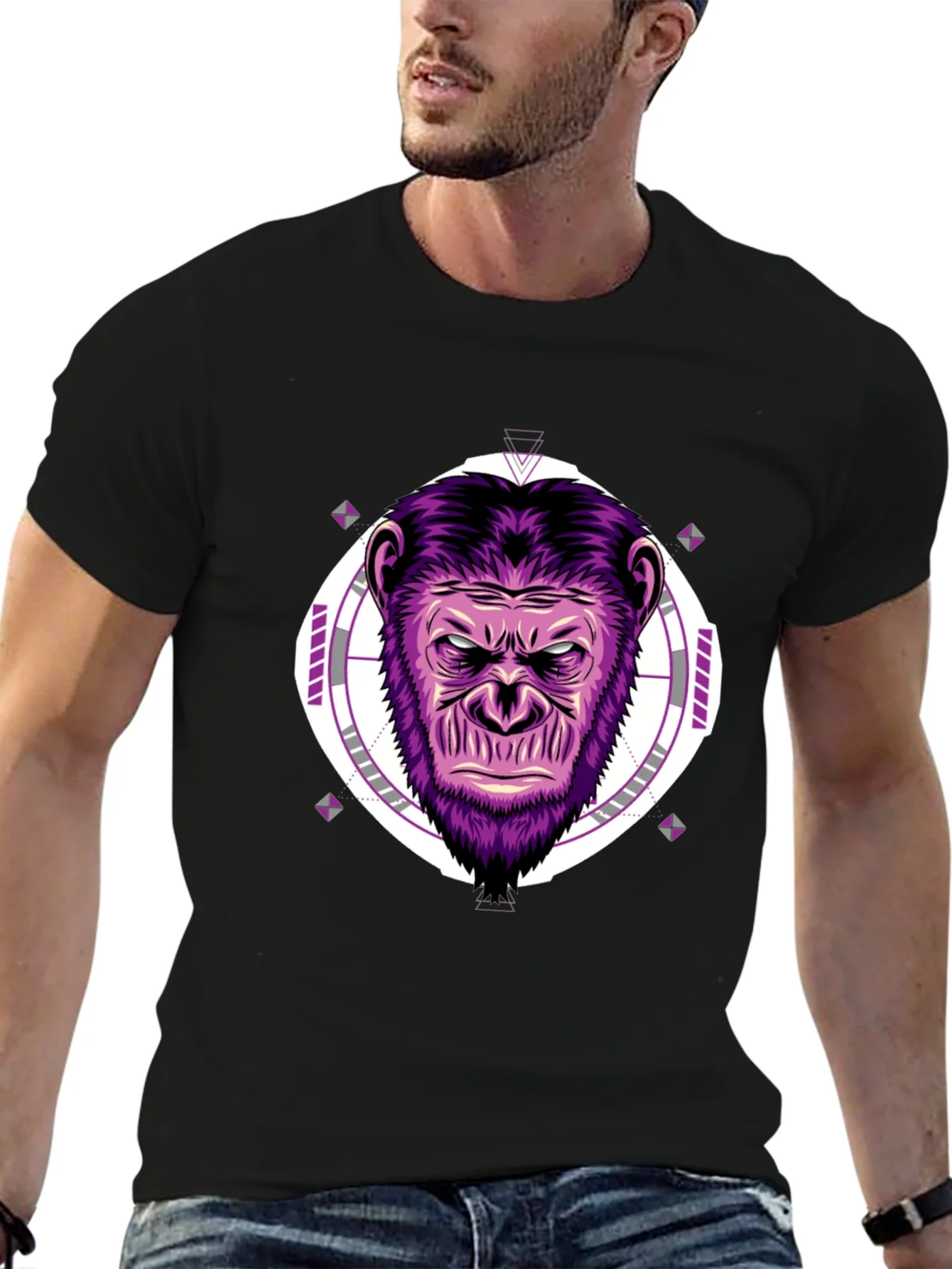 Camiseta Hombre Negra con Estampado de Gorila P¨²rpura