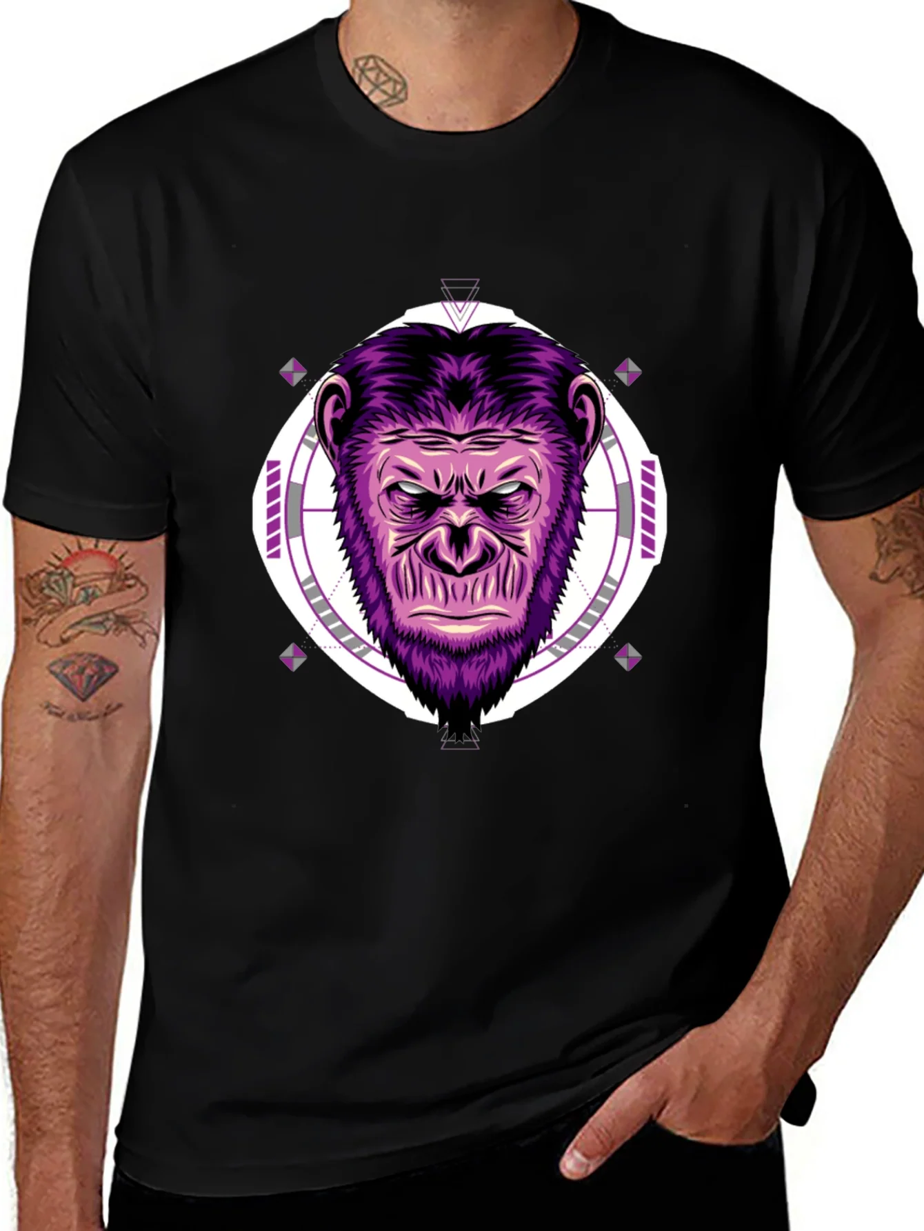 Camiseta Hombre Negra con Estampado de Gorila P¨²rpura