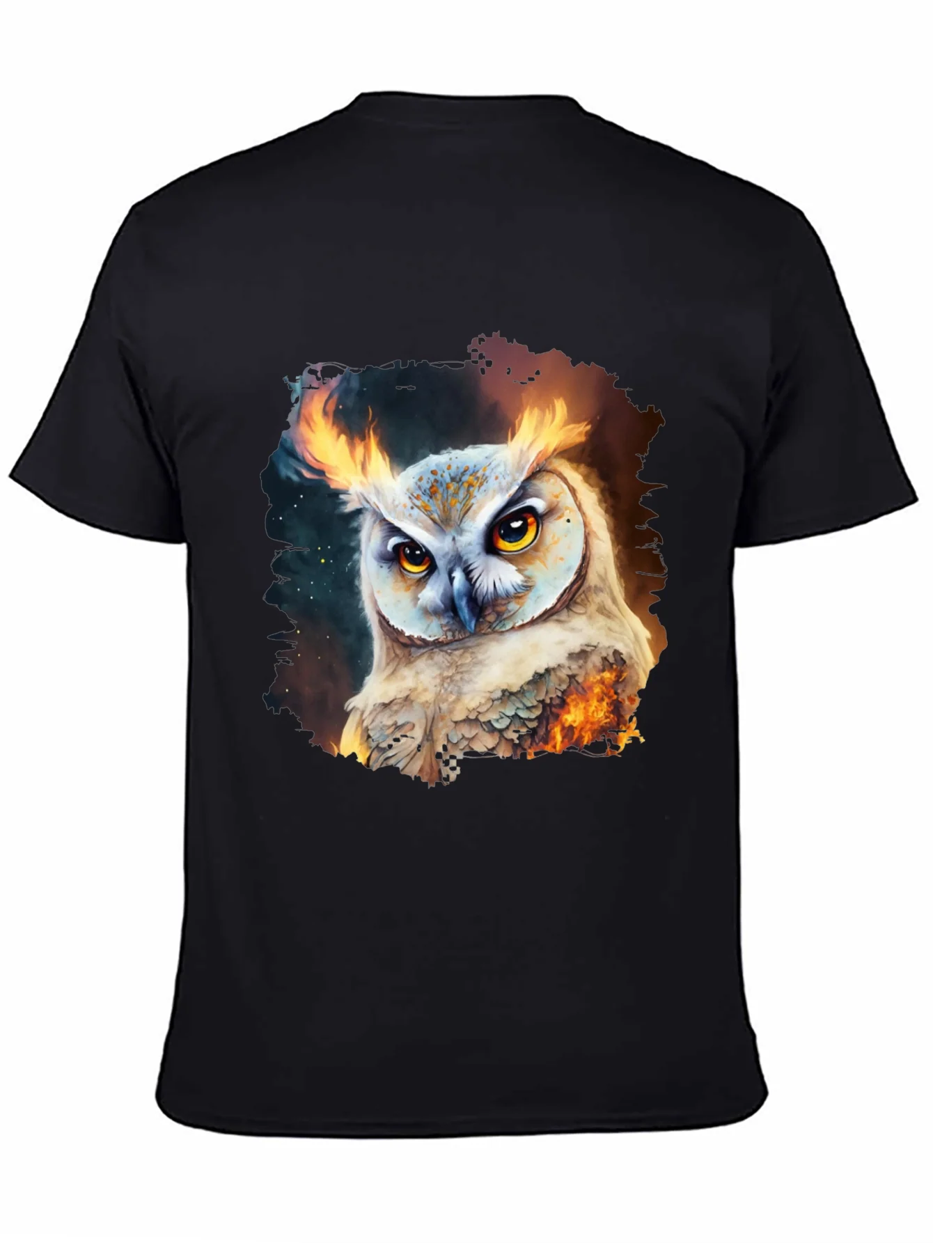 Camiseta Negra con Estampado de B¨²ho en Llamas