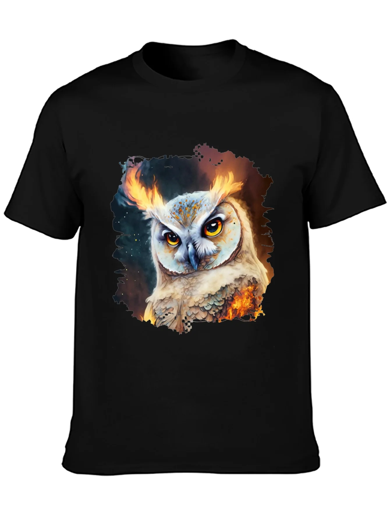 Camiseta Negra con Estampado de B¨²ho en Llamas