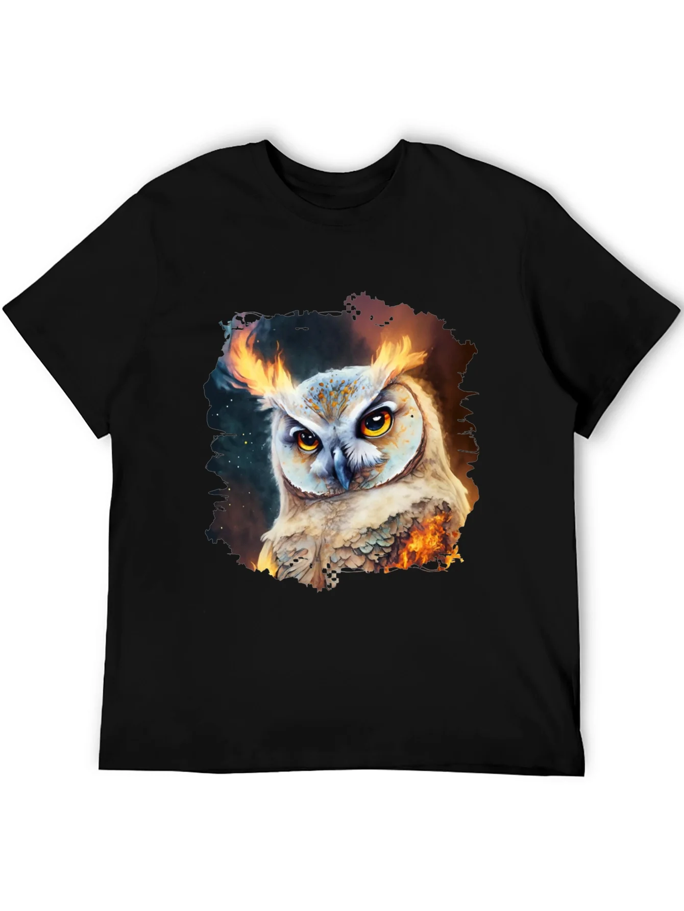 Camiseta Negra con Estampado de B¨²ho en Llamas