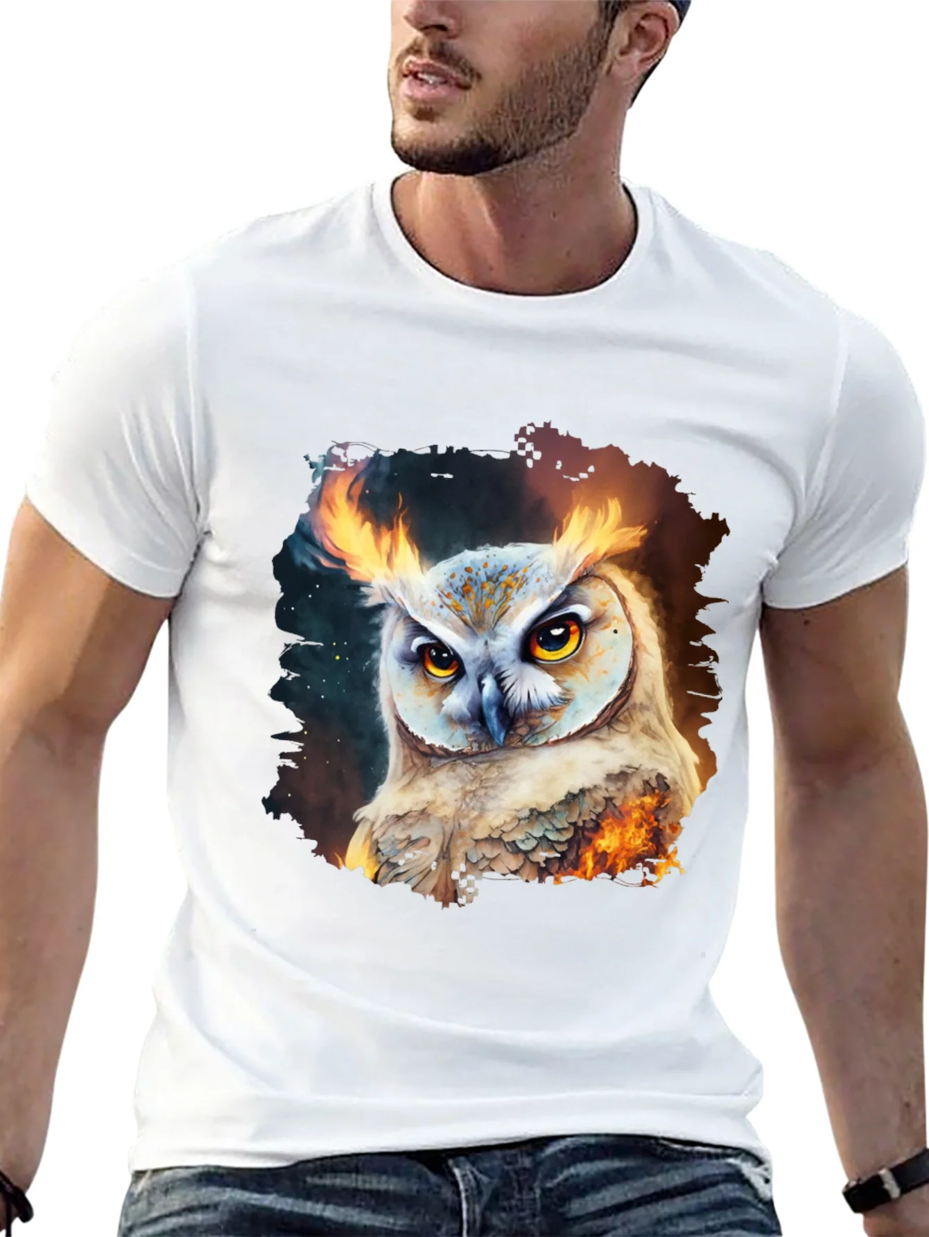 Camiseta Negra con Estampado de B¨²ho en Llamas