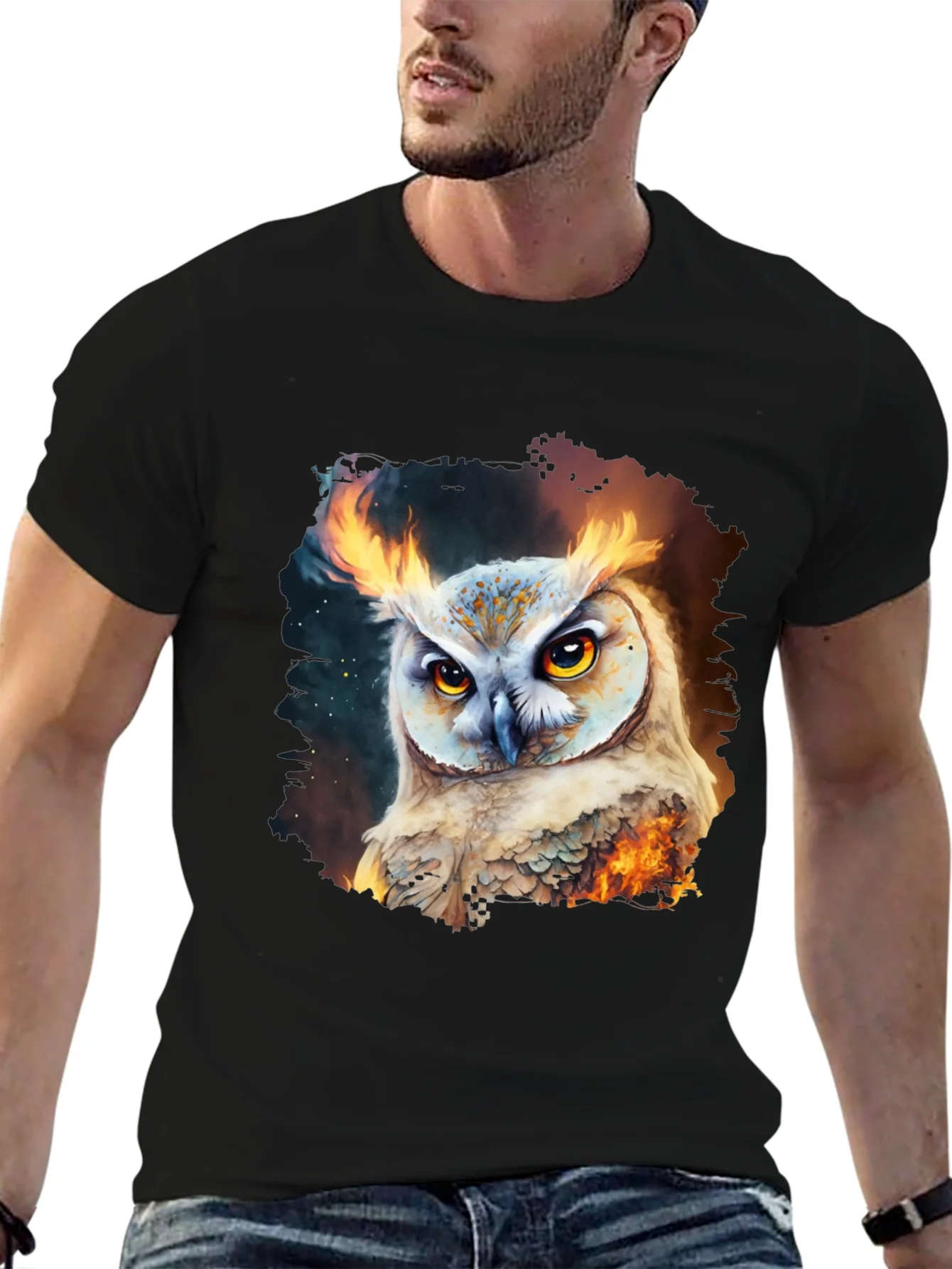 Camiseta Negra con Estampado de B¨²ho en Llamas