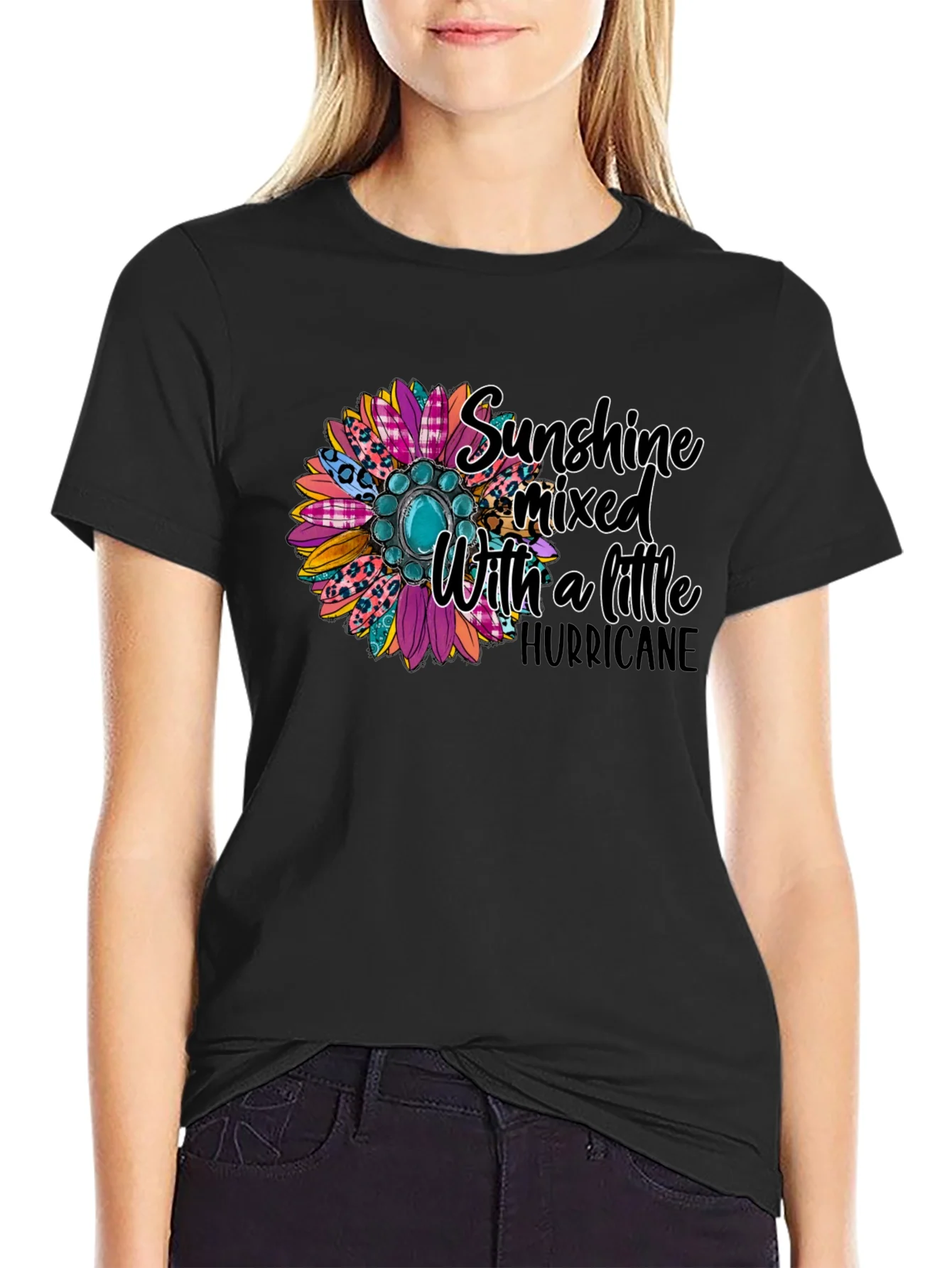 Camiseta Negra con Dise?o Floral y Frase Motivacional