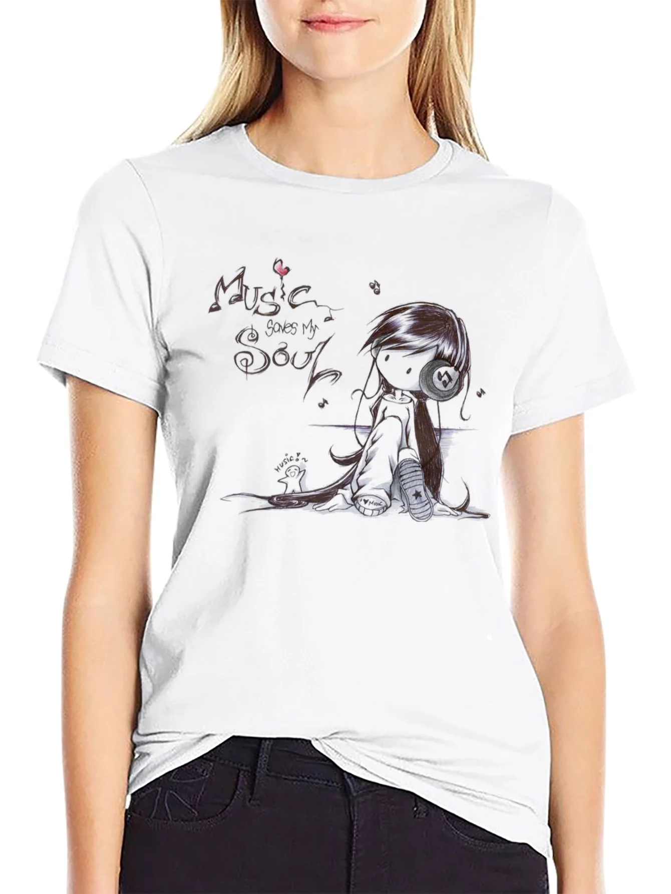 Camiseta Negra M¨²sica Salva Mi Alma Estilo Anime