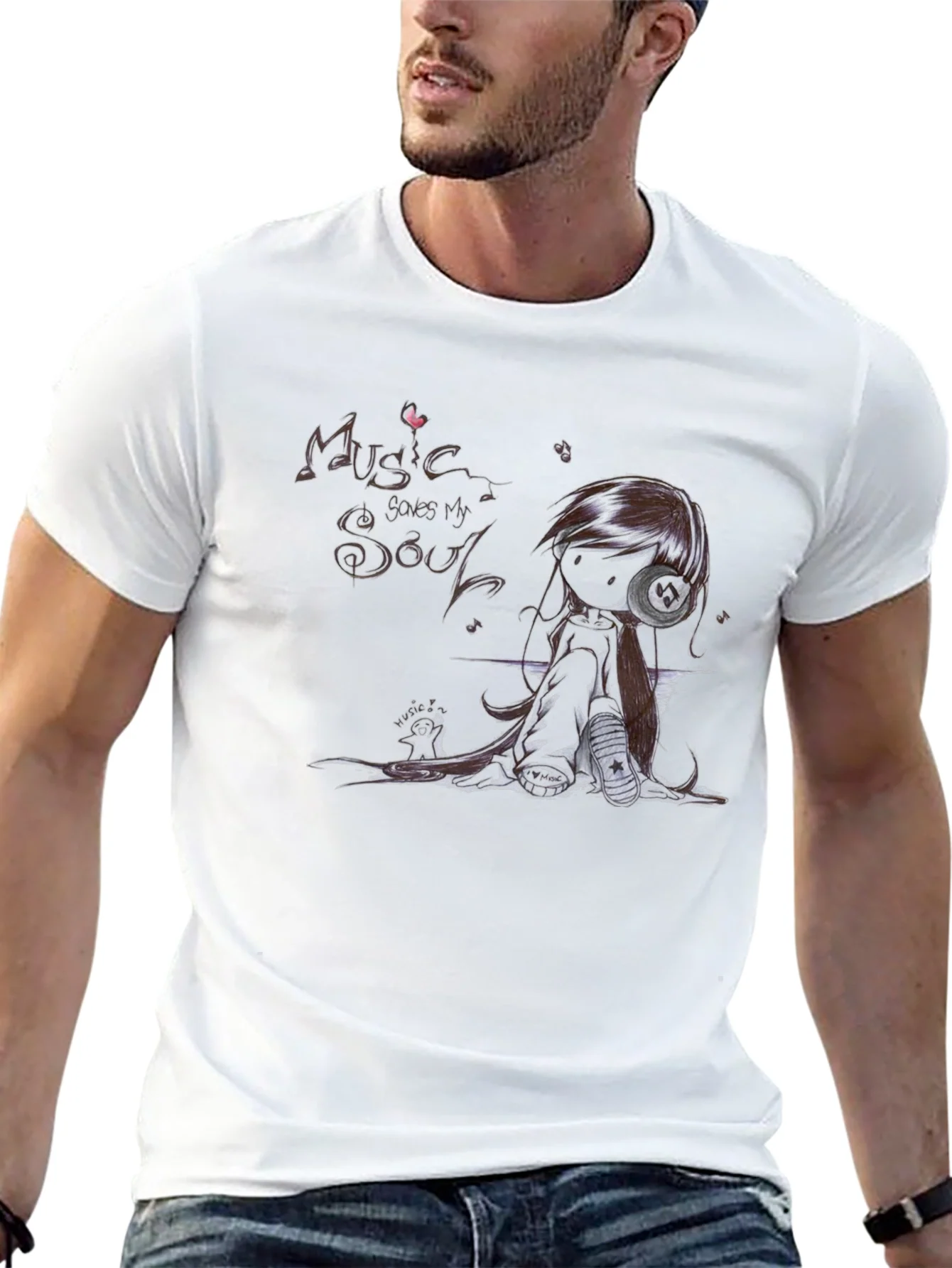 Camiseta Negra M¨²sica Salva Mi Alma Estilo Anime