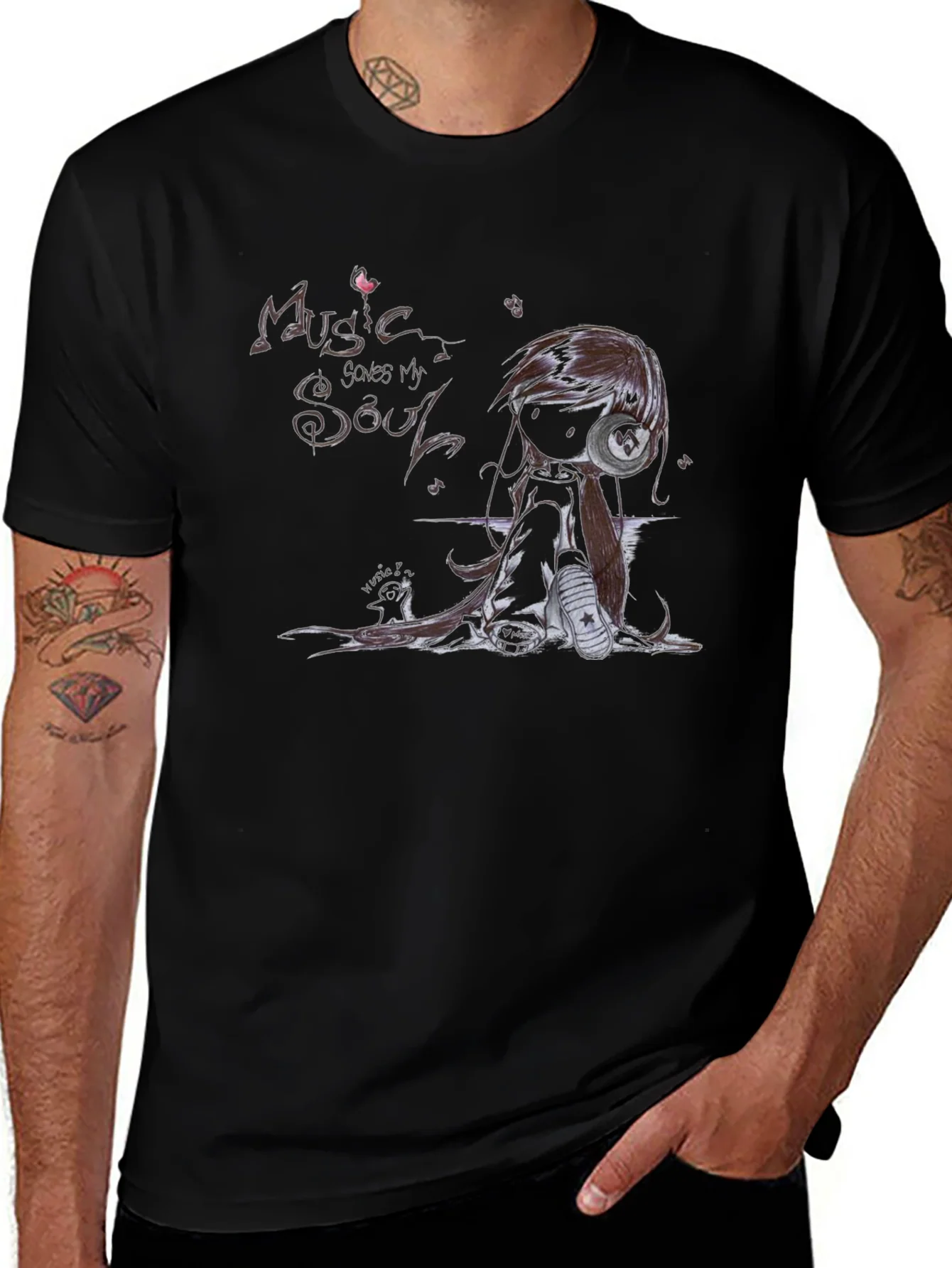 Camiseta Negra M¨²sica Salva Mi Alma Estilo Anime
