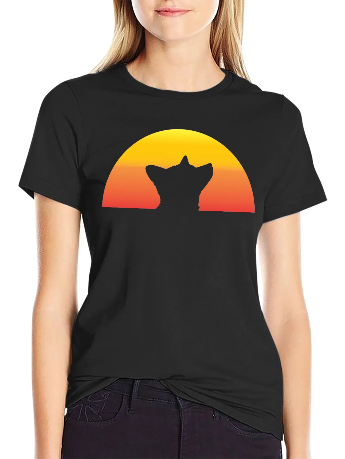 Camiseta Hombre Negra con Dise?o Atardecer y Silueta Gato