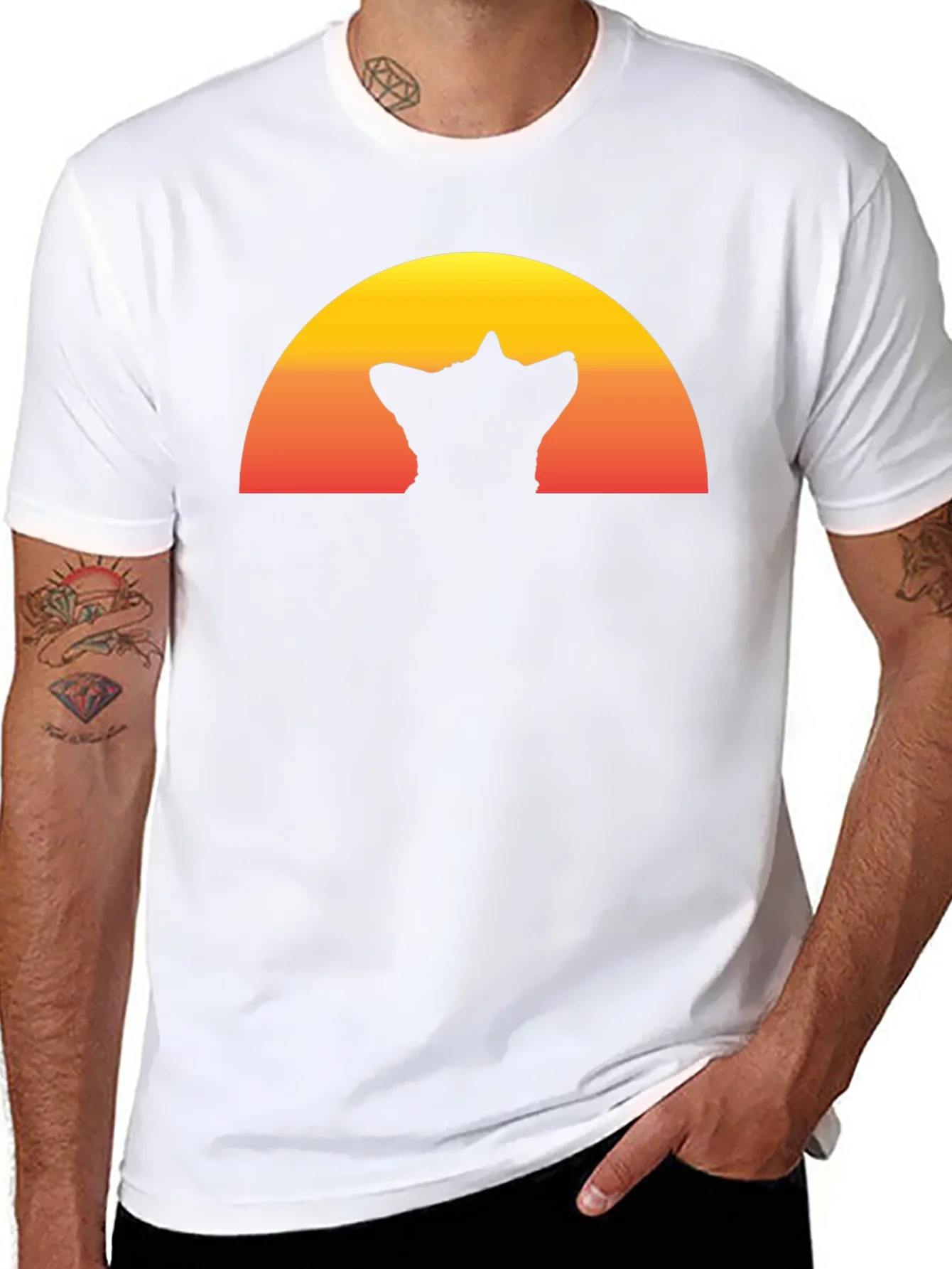 Camiseta Hombre Negra con Dise?o Atardecer y Silueta Gato