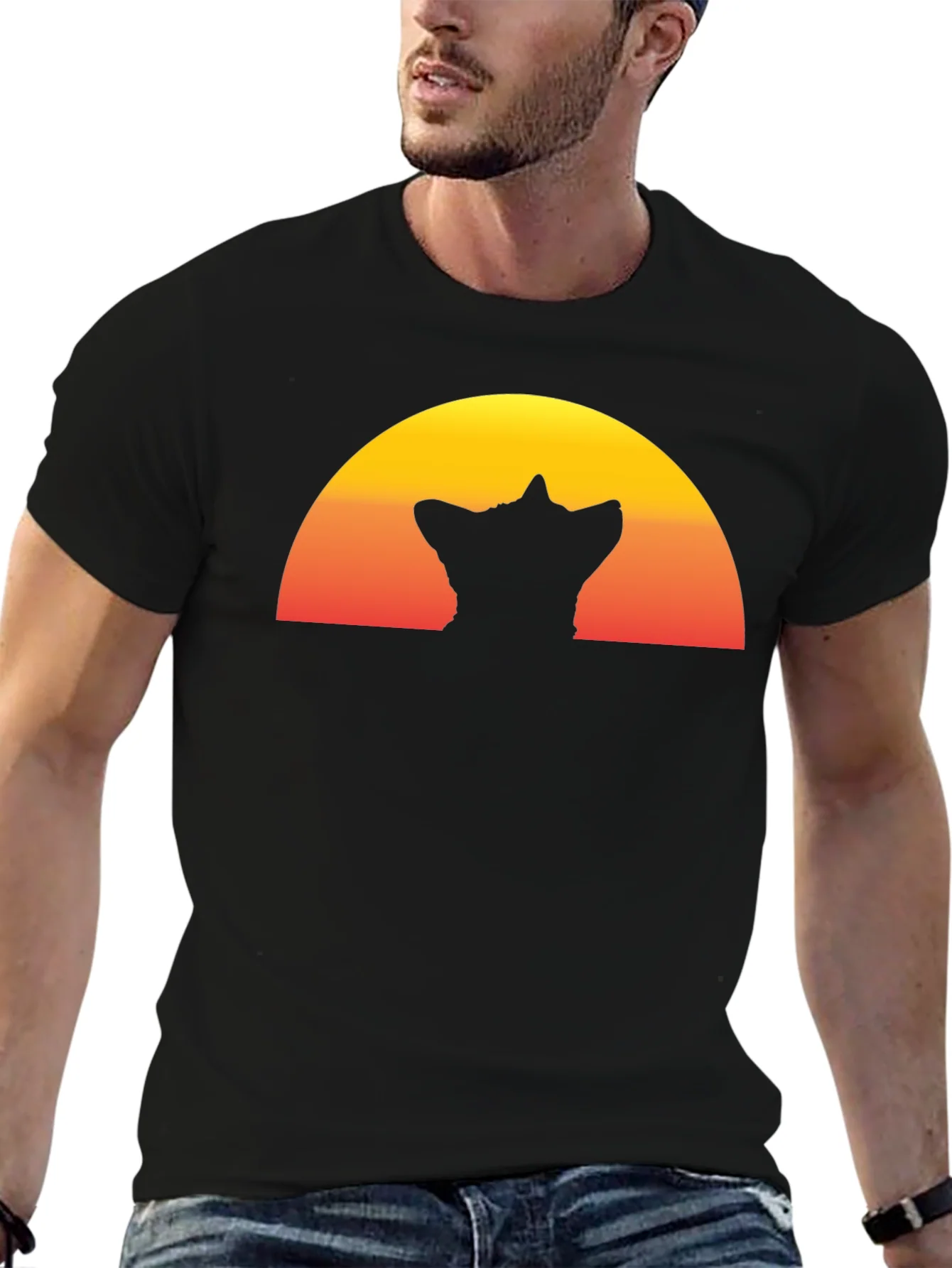 Camiseta Hombre Negra con Dise?o Atardecer y Silueta Gato