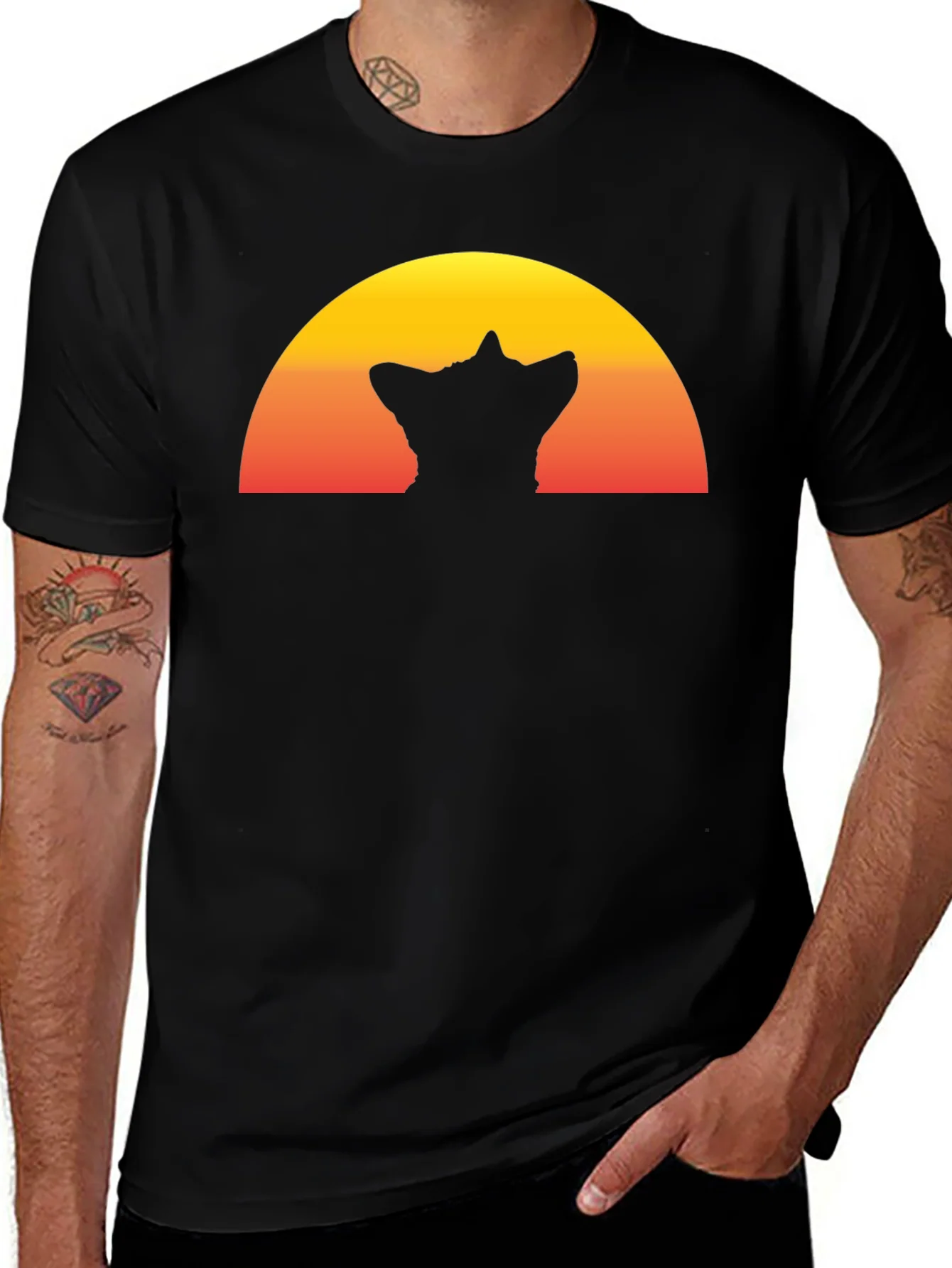 Camiseta Hombre Negra con Dise?o Atardecer y Silueta Gato