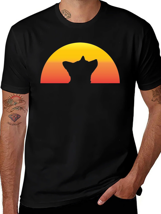 Camiseta Hombre Negra con Dise?o Atardecer y Silueta Gato