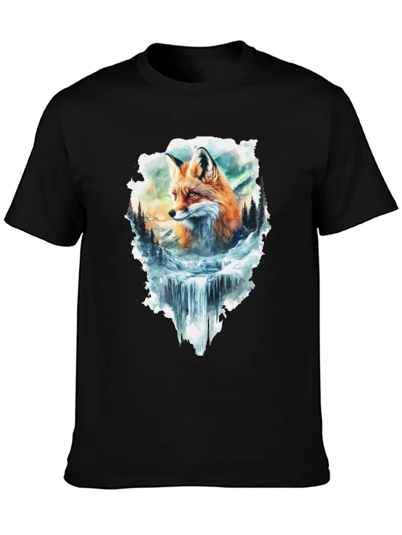 Camiseta Negra con Dise?o de Zorro y Cascada