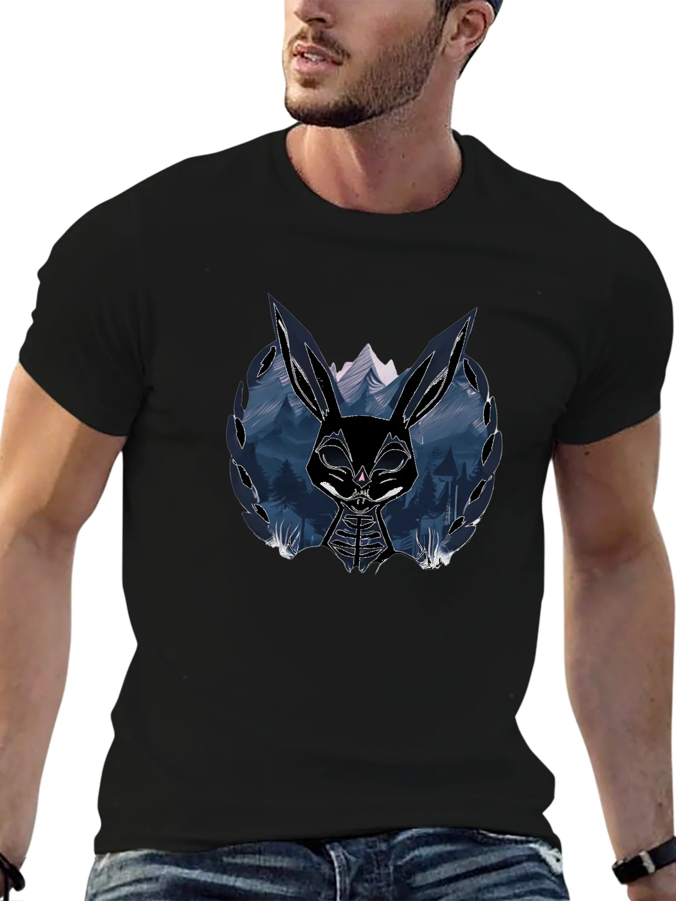Camiseta Negra con Dise?o de Conejo Oscuro