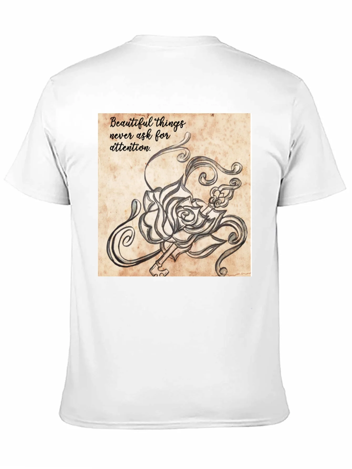 Camiseta Negra con Dise?o Art¨ªstico de Rosa y Llave