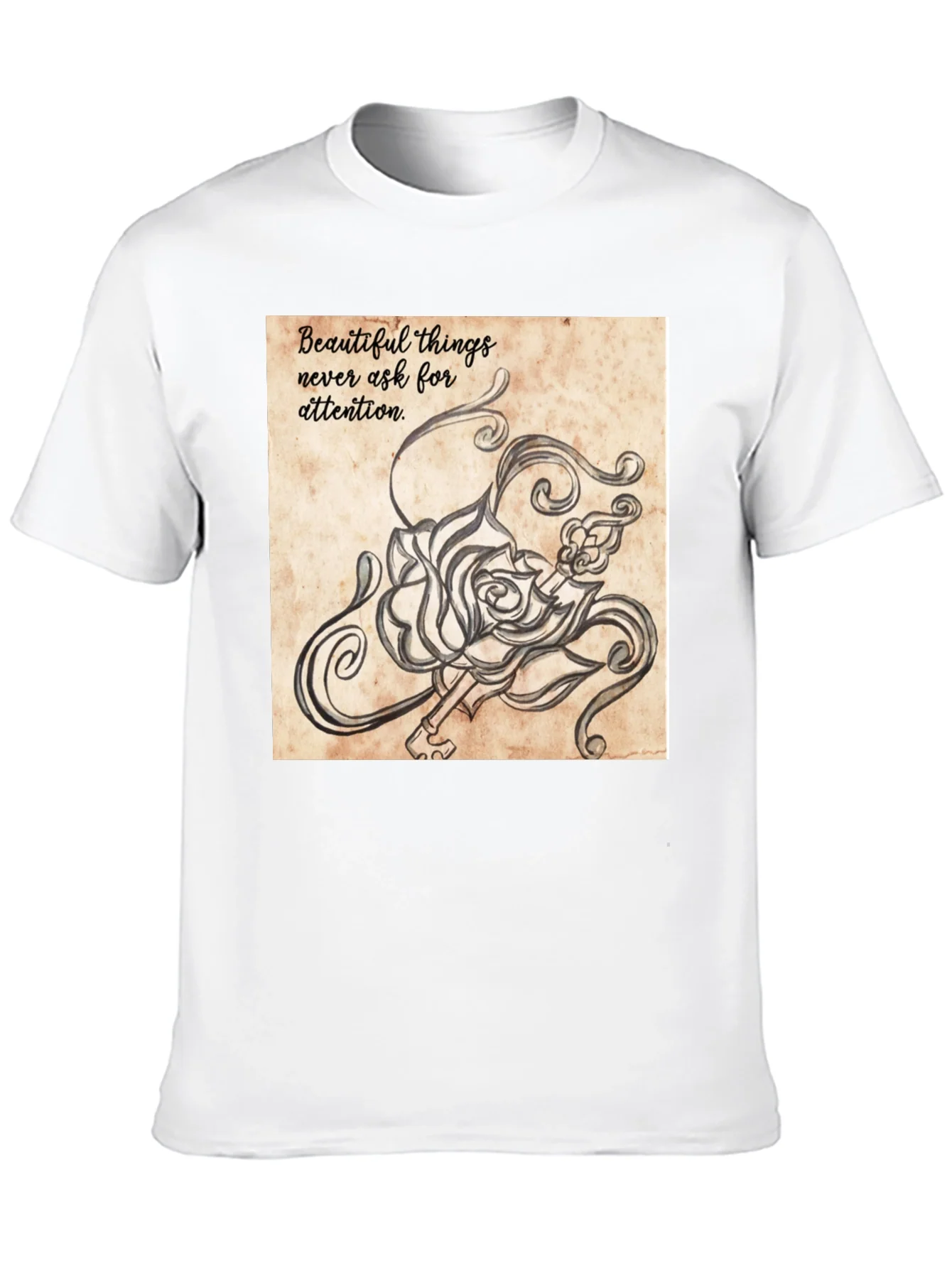 Camiseta Negra con Dise?o Art¨ªstico de Rosa y Llave