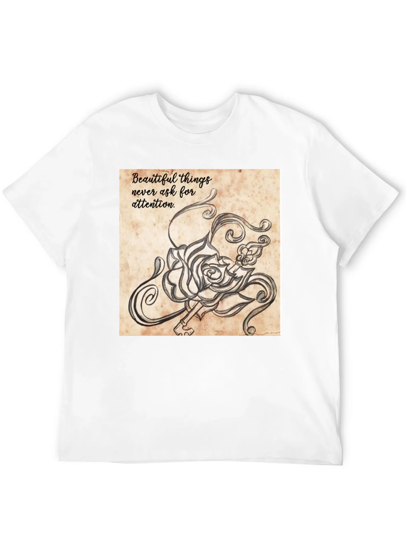 Camiseta Negra con Dise?o Art¨ªstico de Rosa y Llave