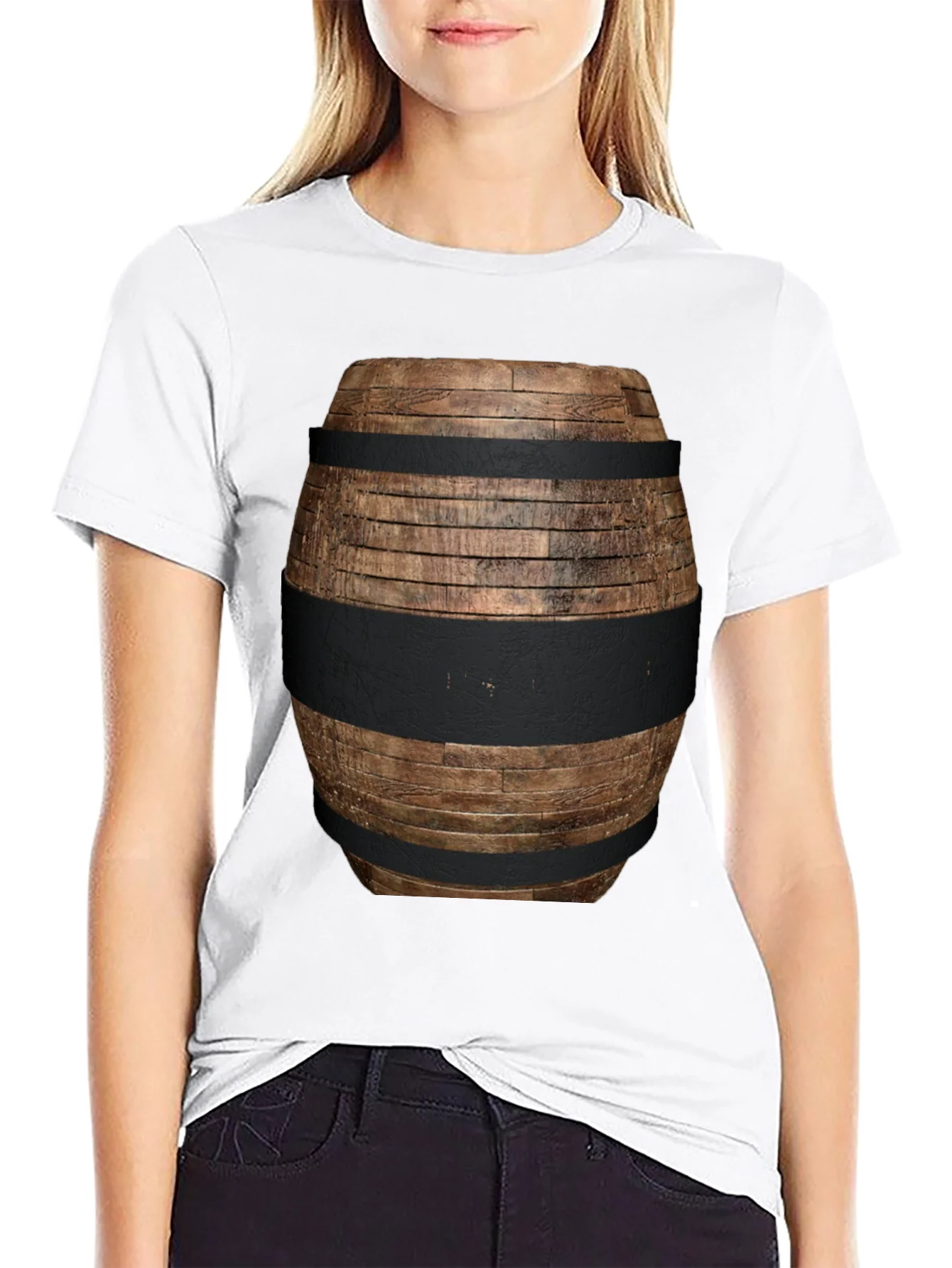 Camiseta Negra con Dise?o de Barril de Madera
