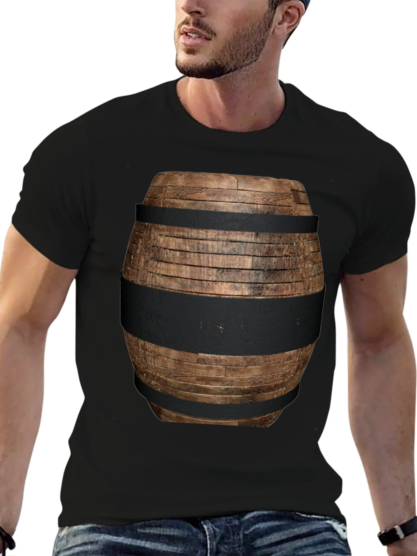Camiseta Negra con Dise?o de Barril de Madera