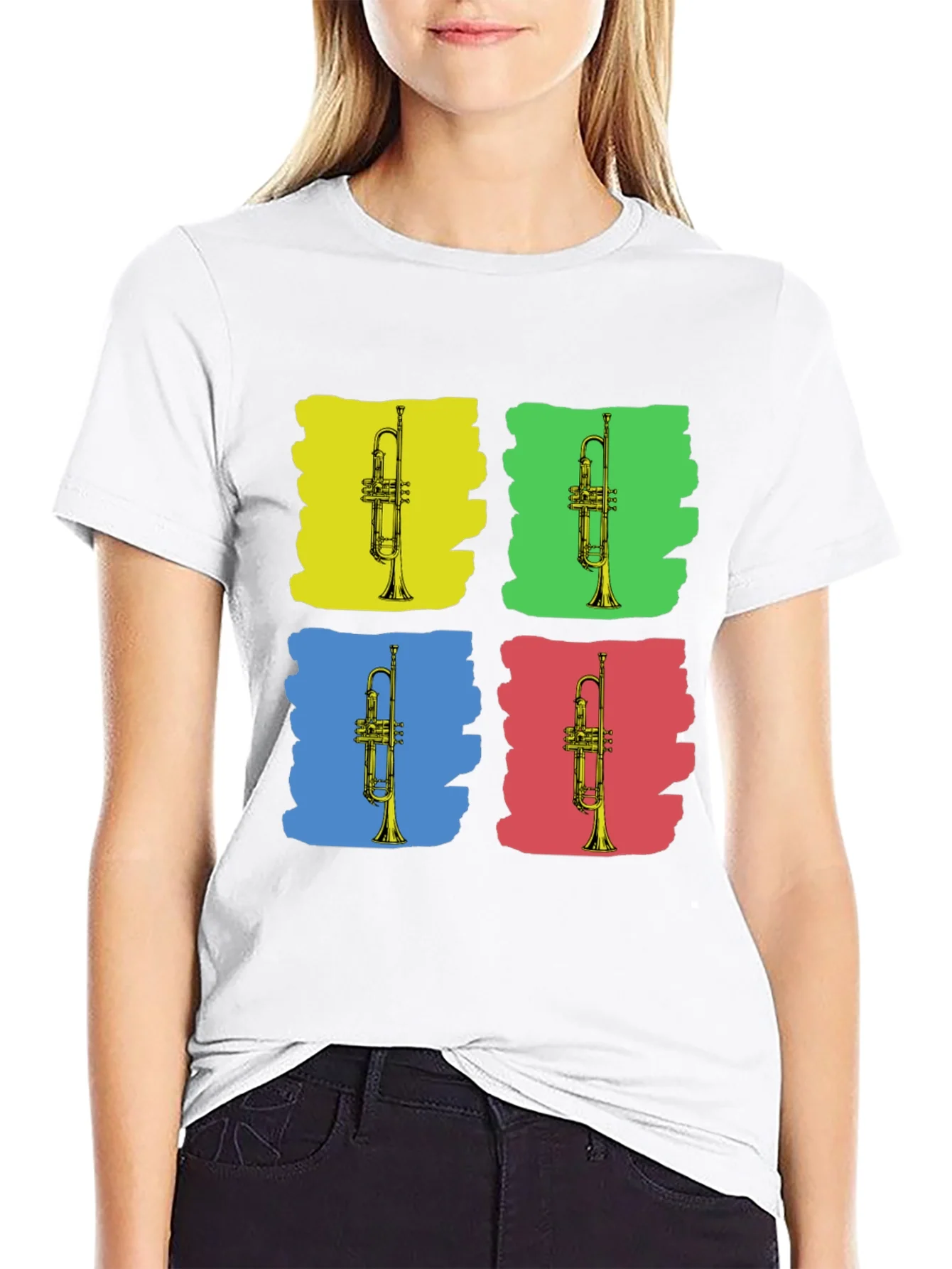 Camiseta Negra con Dise?o Trompetas Pop Art