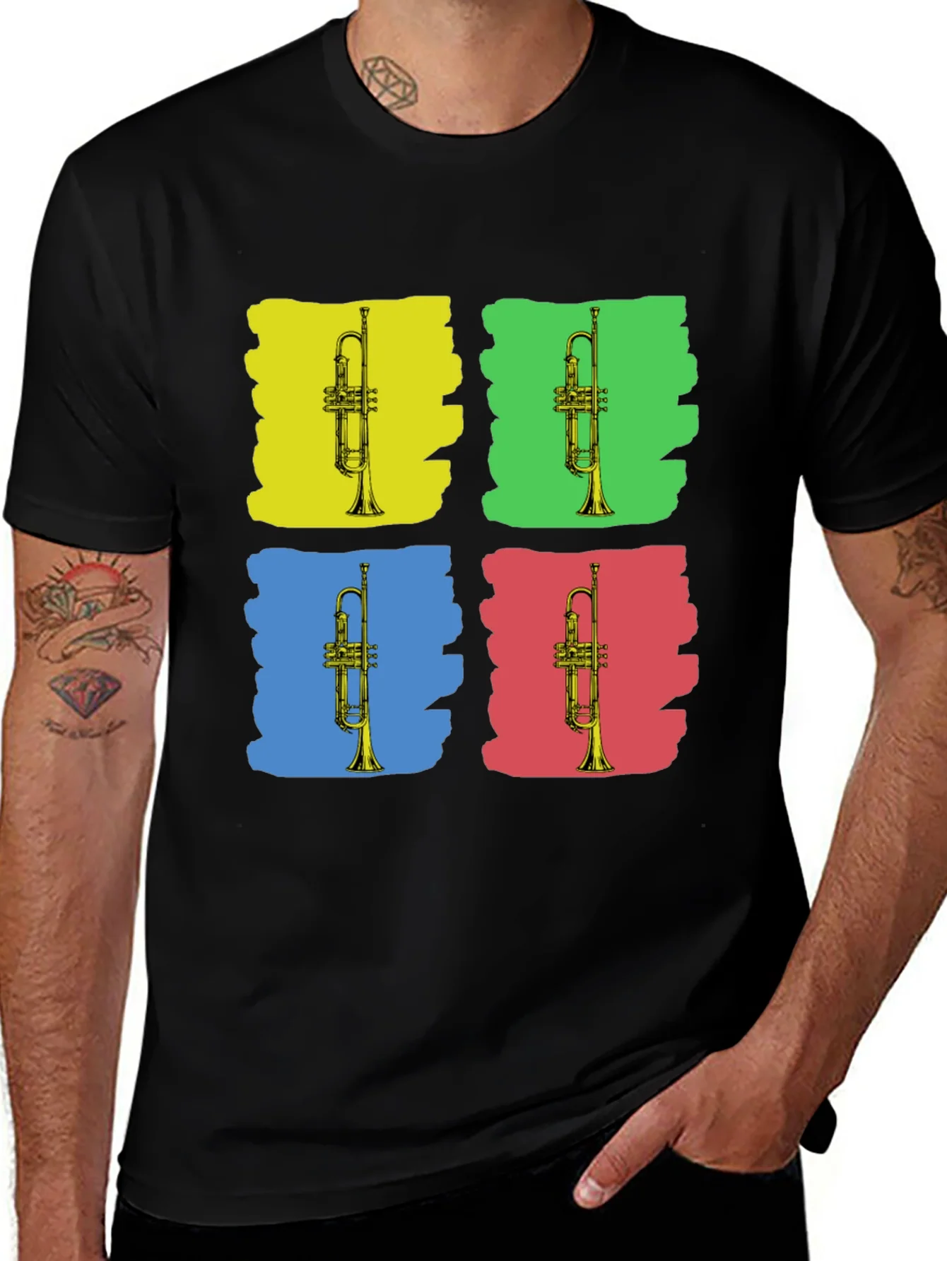 Camiseta Negra con Dise?o Trompetas Pop Art