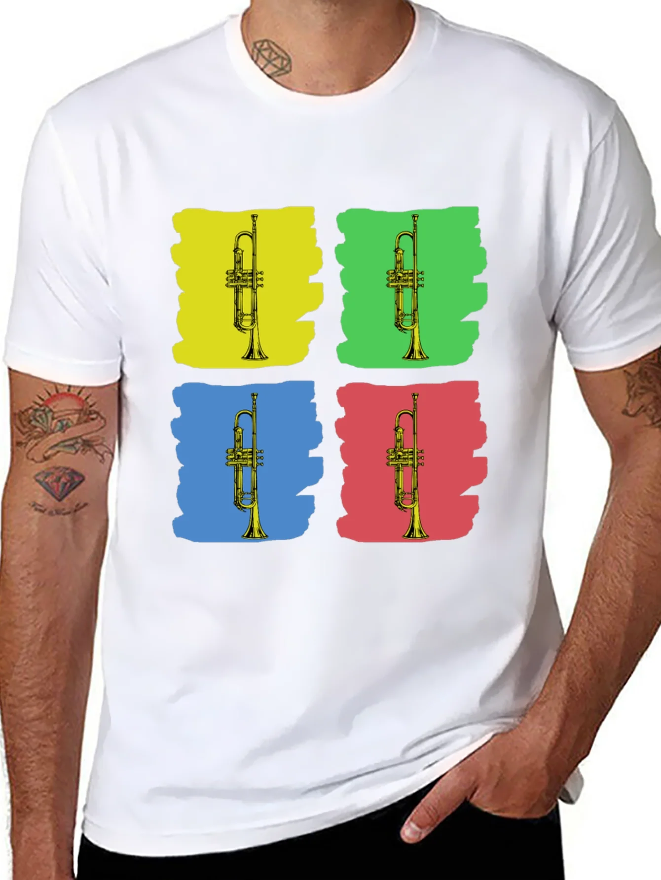 Camiseta Negra con Dise?o Trompetas Pop Art