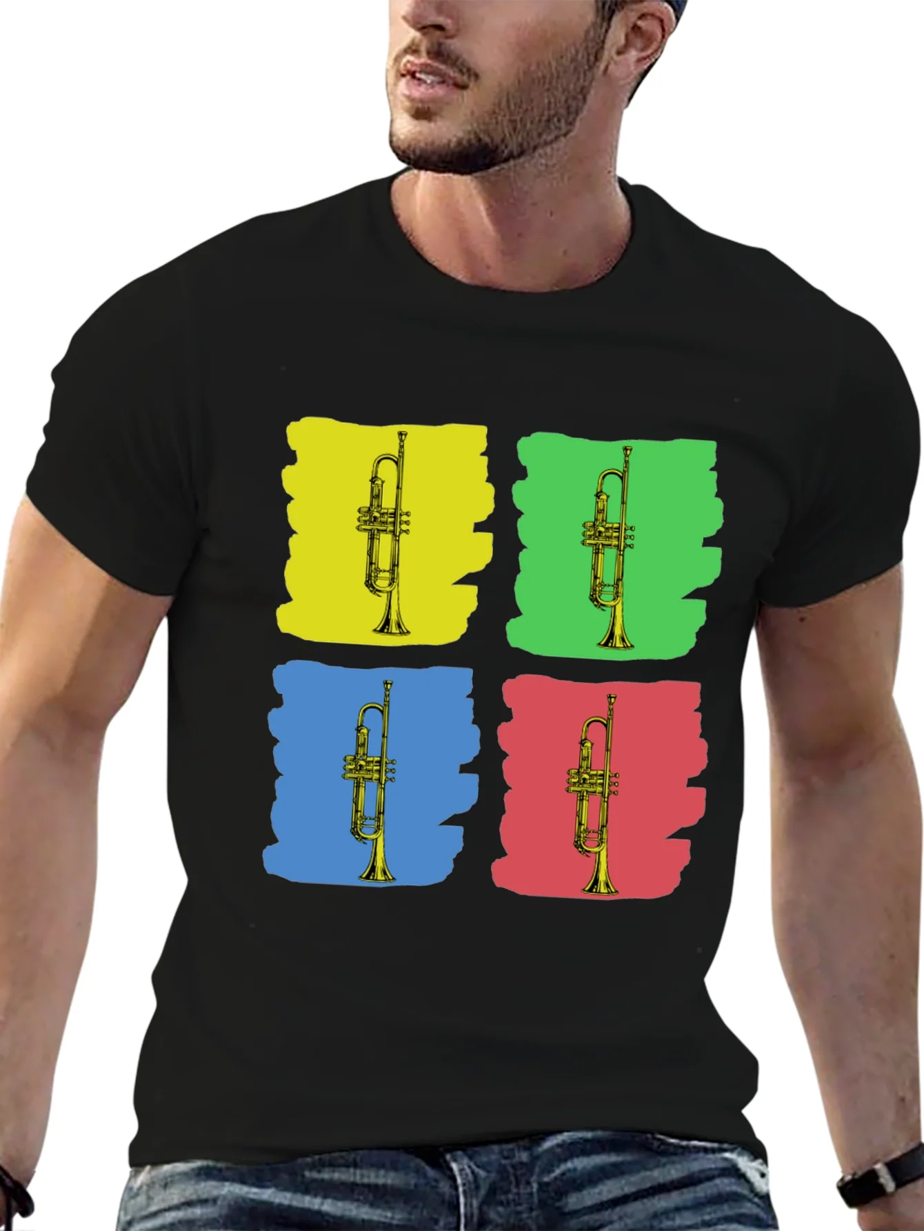 Camiseta Negra con Dise?o Trompetas Pop Art