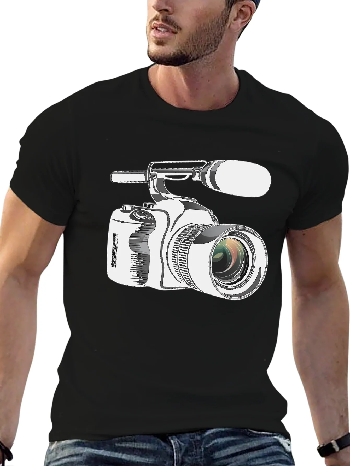 Camiseta Negra con Estampado de C¨¢mara de Video Profesional