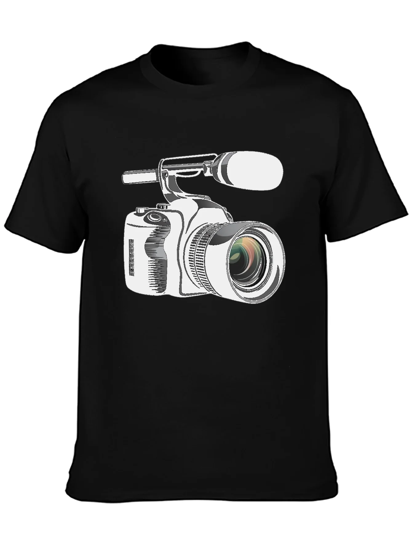 Camiseta Negra con Estampado de C¨¢mara de Video Profesional