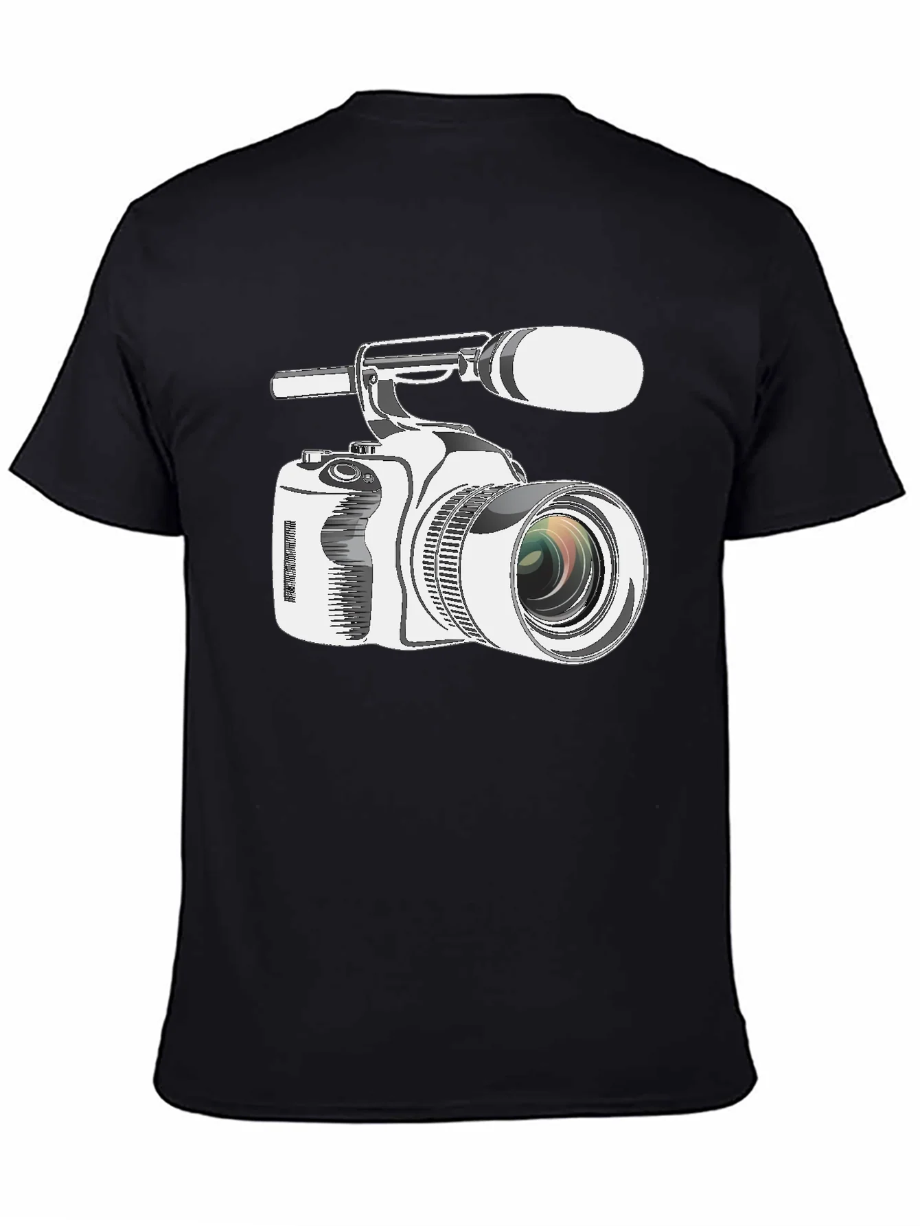 Camiseta Negra con Estampado de C¨¢mara de Video Profesional