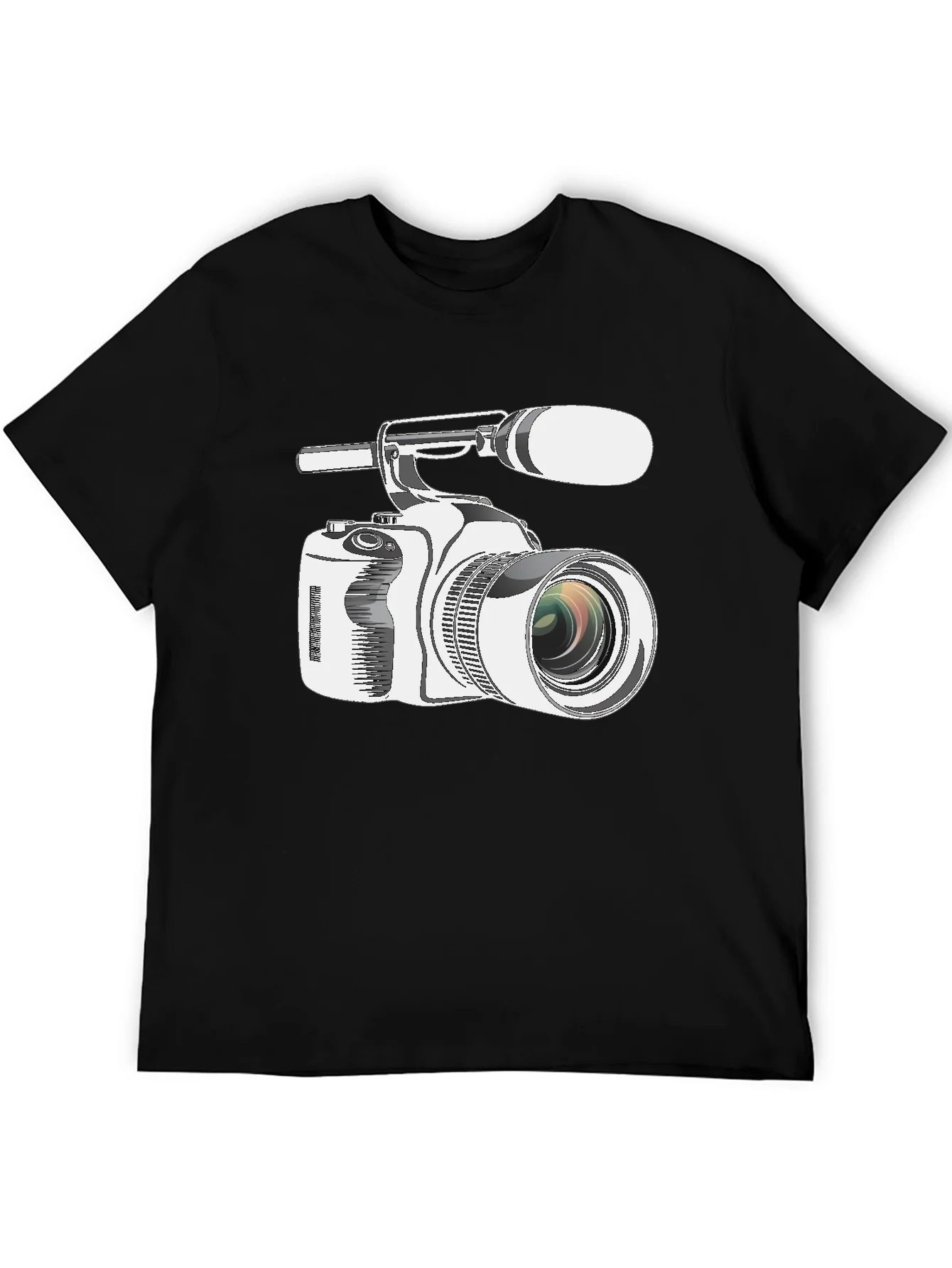 Camiseta Negra con Estampado de C¨¢mara de Video Profesional
