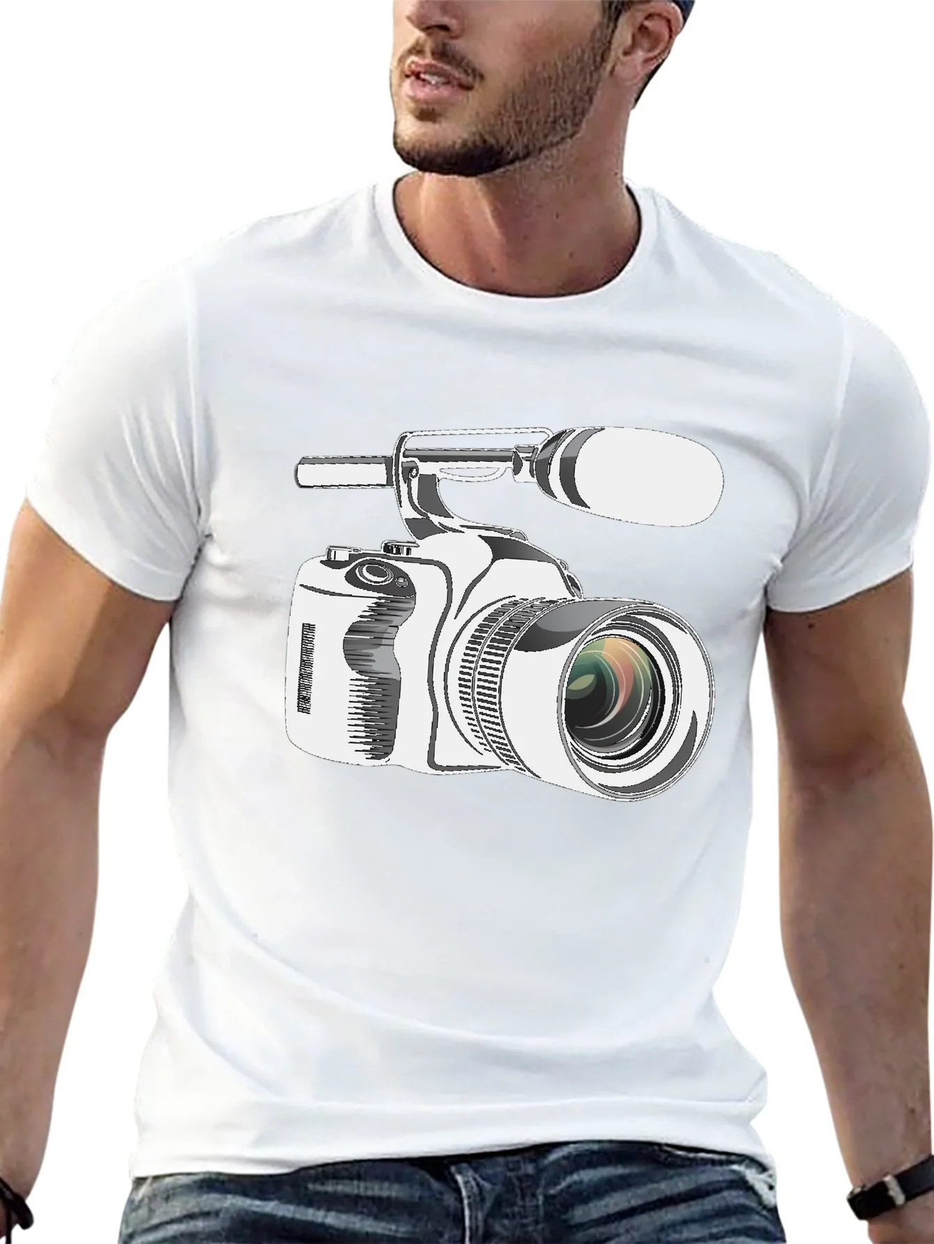 Camiseta Negra con Estampado de C¨¢mara de Video Profesional