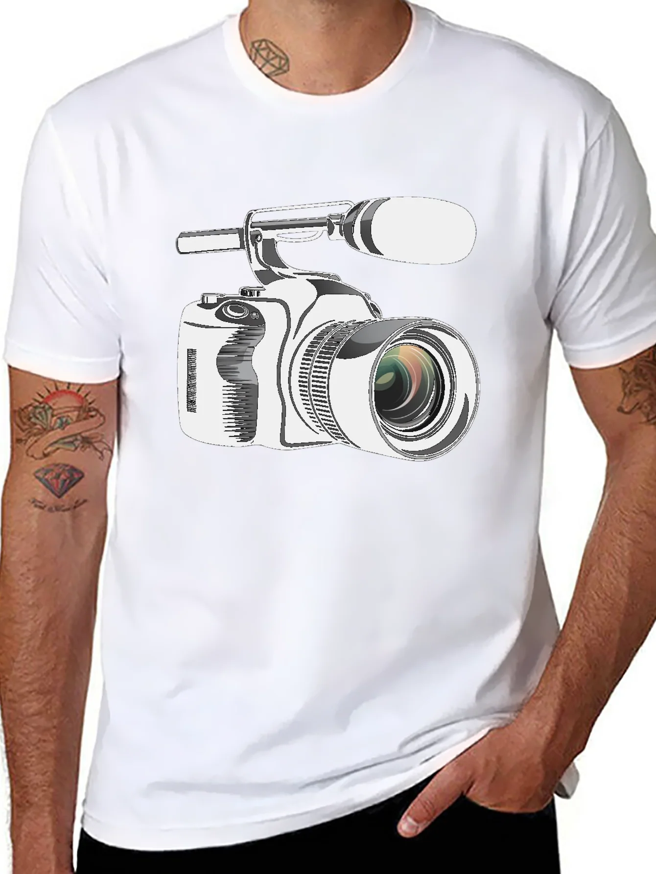 Camiseta Negra con Estampado de C¨¢mara de Video Profesional