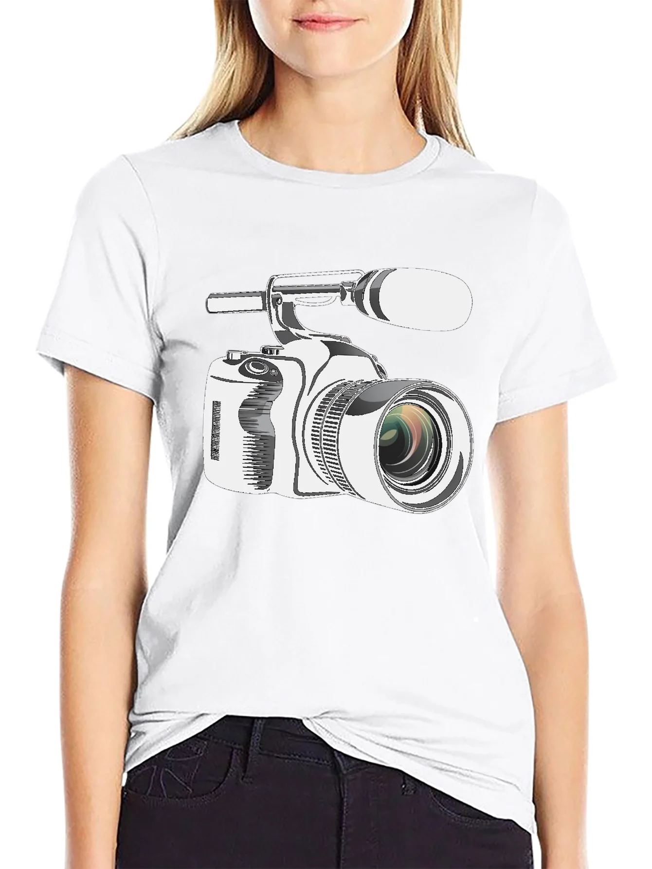 Camiseta Negra con Estampado de C¨¢mara de Video Profesional